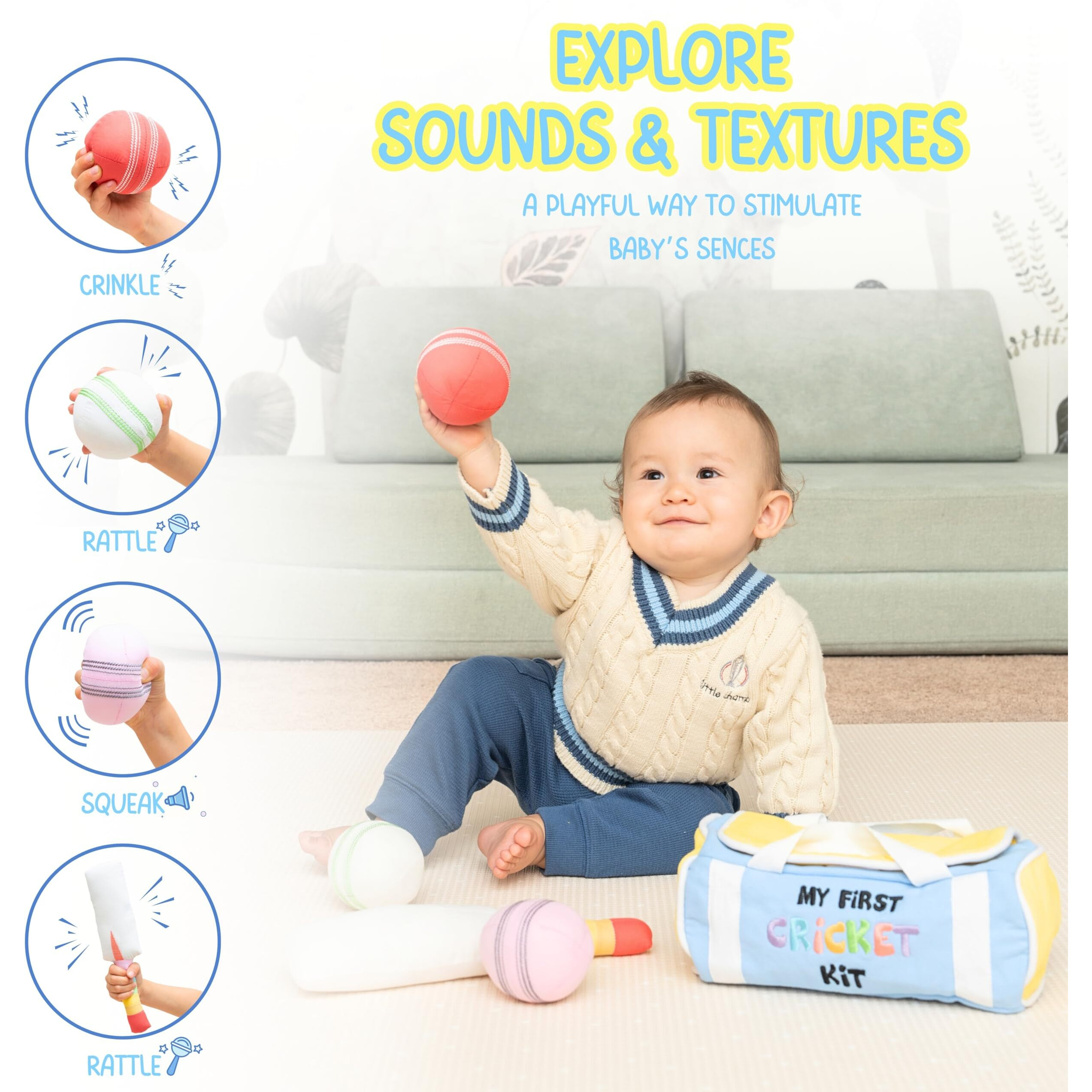 Cricbaby My First Cricket Kit | Cotton Soft Plush Toy | Gift Baby And Infant 0-2 Years | 3 Soft Sensory Cricket Balls-Rattle  Crinkle  Squeaker & 1 Rainbow Rattle Cricket Bat | Safe  Fun  Educational
