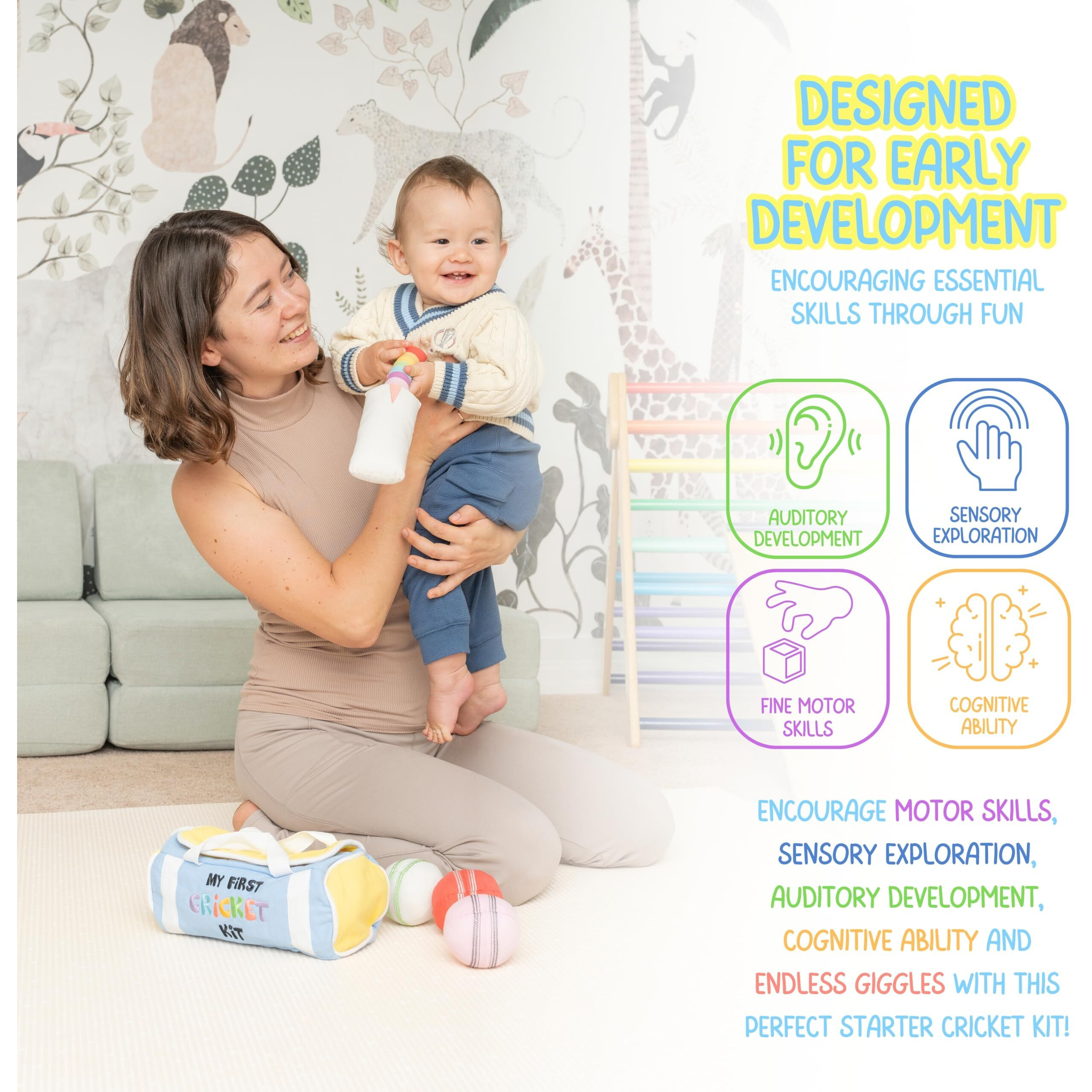 Cricbaby My First Cricket Kit | Cotton Soft Plush Toy | Gift Baby And Infant 0-2 Years | 3 Soft Sensory Cricket Balls-Rattle  Crinkle  Squeaker & 1 Rainbow Rattle Cricket Bat | Safe  Fun  Educational