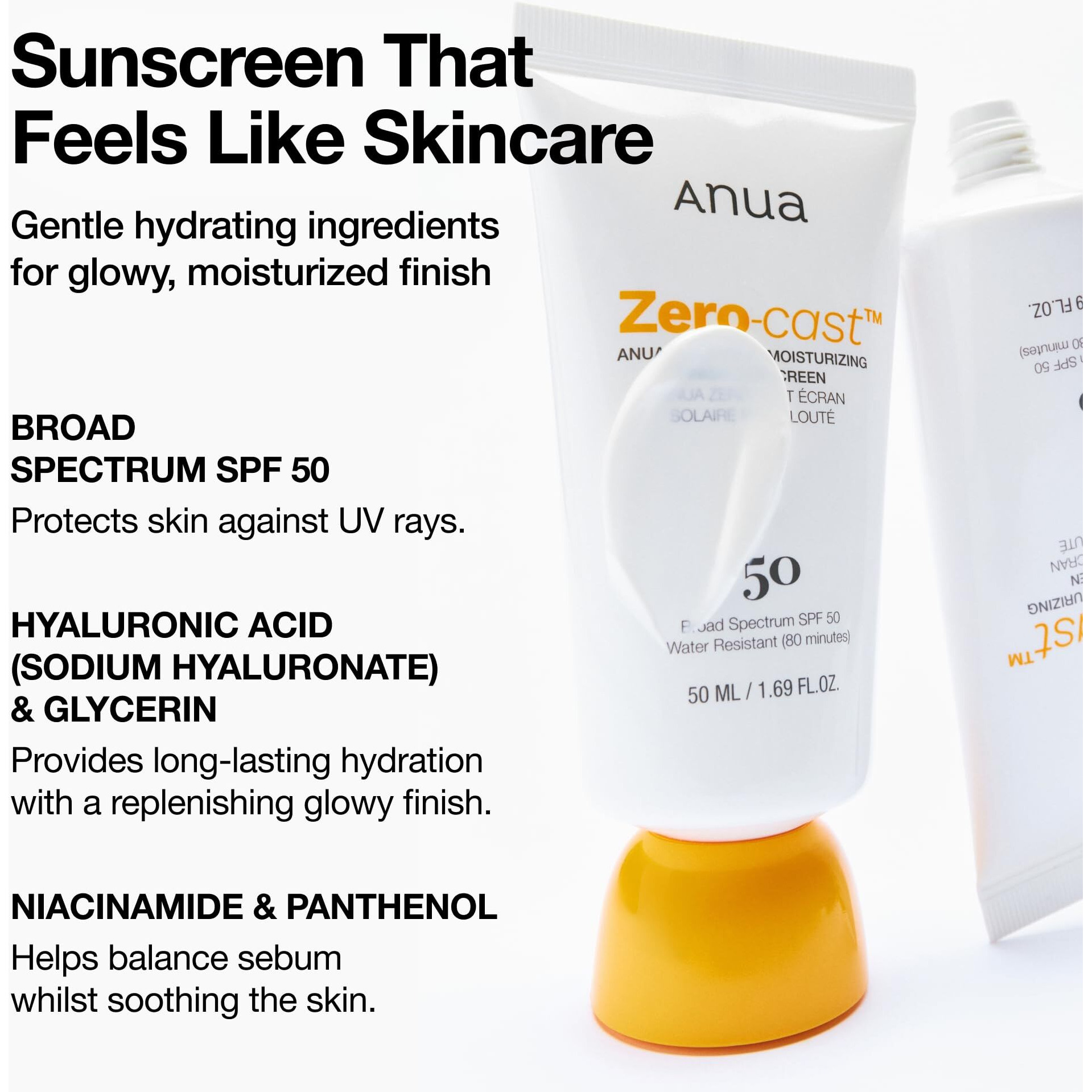 Anua Zero-Cast Moisturizing Finish Sunscreen Spf 50  Glow Natural Sunscreen No White Cast  Hyaluronic Acid  Niacinamide Sun Block For Face Oil-Free  Oxybenzone Free  Travel Essential (50Ml/1.69Fl.Oz)