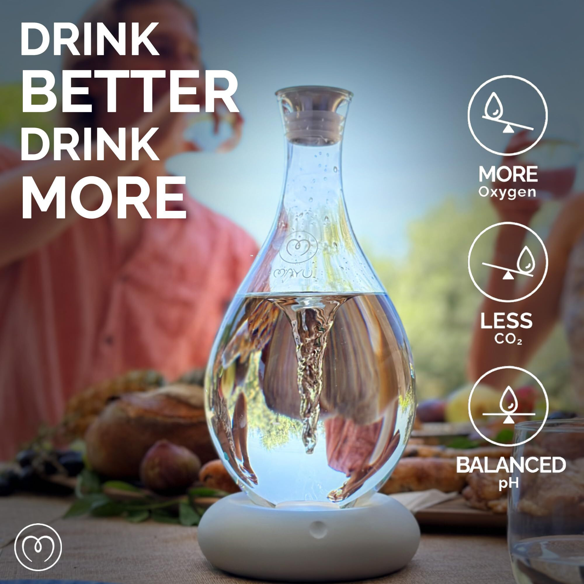 Mayu Swirl Structured Water Carafe - Innovative Vortex Technology Handblown Pitcher. Post Reverse Osmosis Filter Aerating Water Dispenser Stand 1.5 Liter| 51 Oz Dining Glass Jug Design (Earth Base)