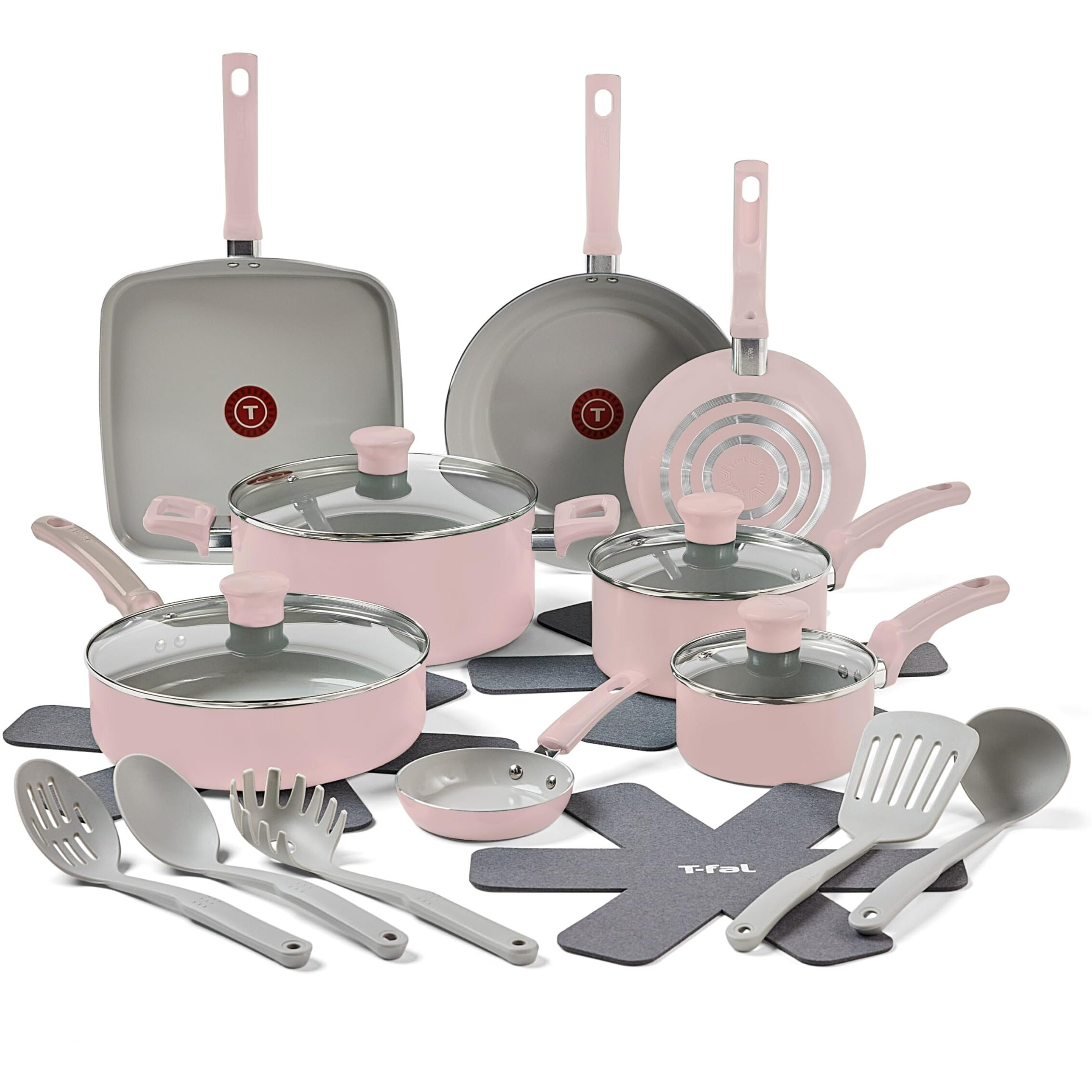 T-Fal Refresh Ceramic Nonstick Cookware Set  20-Piece  Made Without Pfoa And Ptfe  Oven And Broiler Safe Up To 350F  Includes Stockpot  Griddle  Frying Pans  And Utensils  Pots And Pans  Dusty Rose