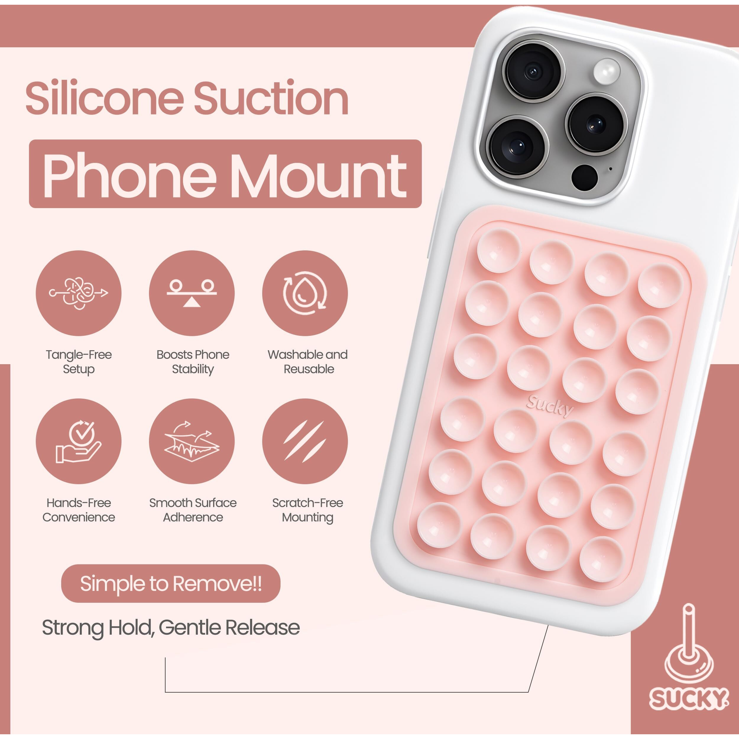 Sucky Silicone Suction Phone Case Adhesive Octo Cup Buddy Mount - Anti-Slip Holder  Hands-Free Phone Accessory For Iphone And Android - Sticky Grip For Selfies  Videos - Chalk Pink