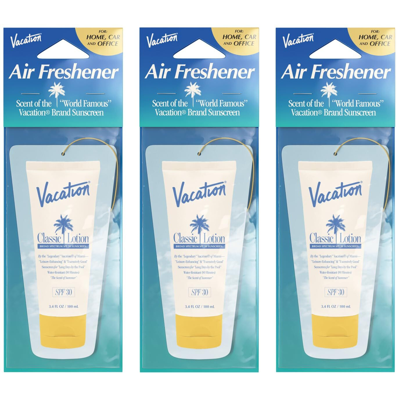 Vacation Hanging Air Freshener  Award-Winning Signature Sunscreen Scent  Deodorizer For Car  Home & Office (Pack Of 3)