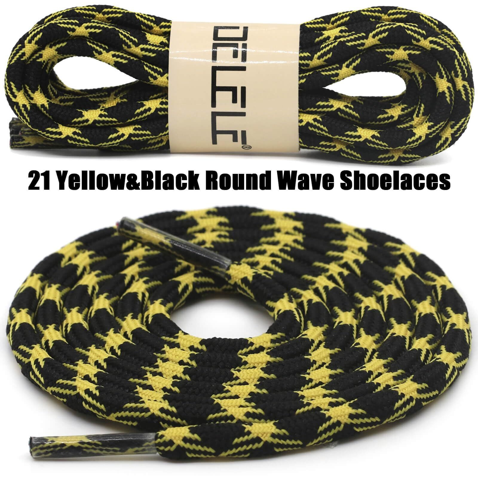 Delele 2 Pair Round Wave Non-Slip Antiskid Outdoor Mountaineering Climbing Shoe Laces Yellow&Black Hiking Shoelaces Men Women Shoestrings-63 Inch