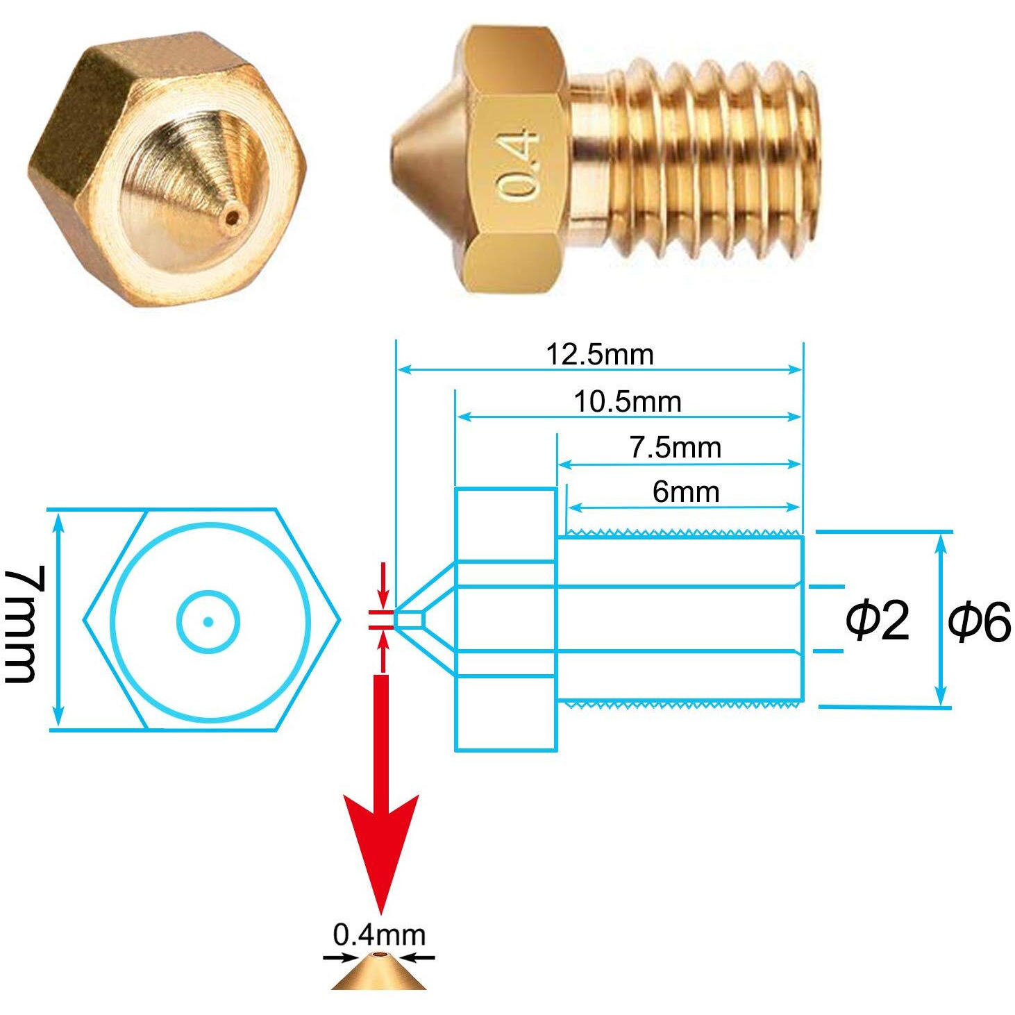 E3D Nozzles  Excelfu M6 0.4Mm Brass Nozzle Extruder Print Head For 1.75Mm Filament E3D V5-V6 3D Printer  Pack Of 20