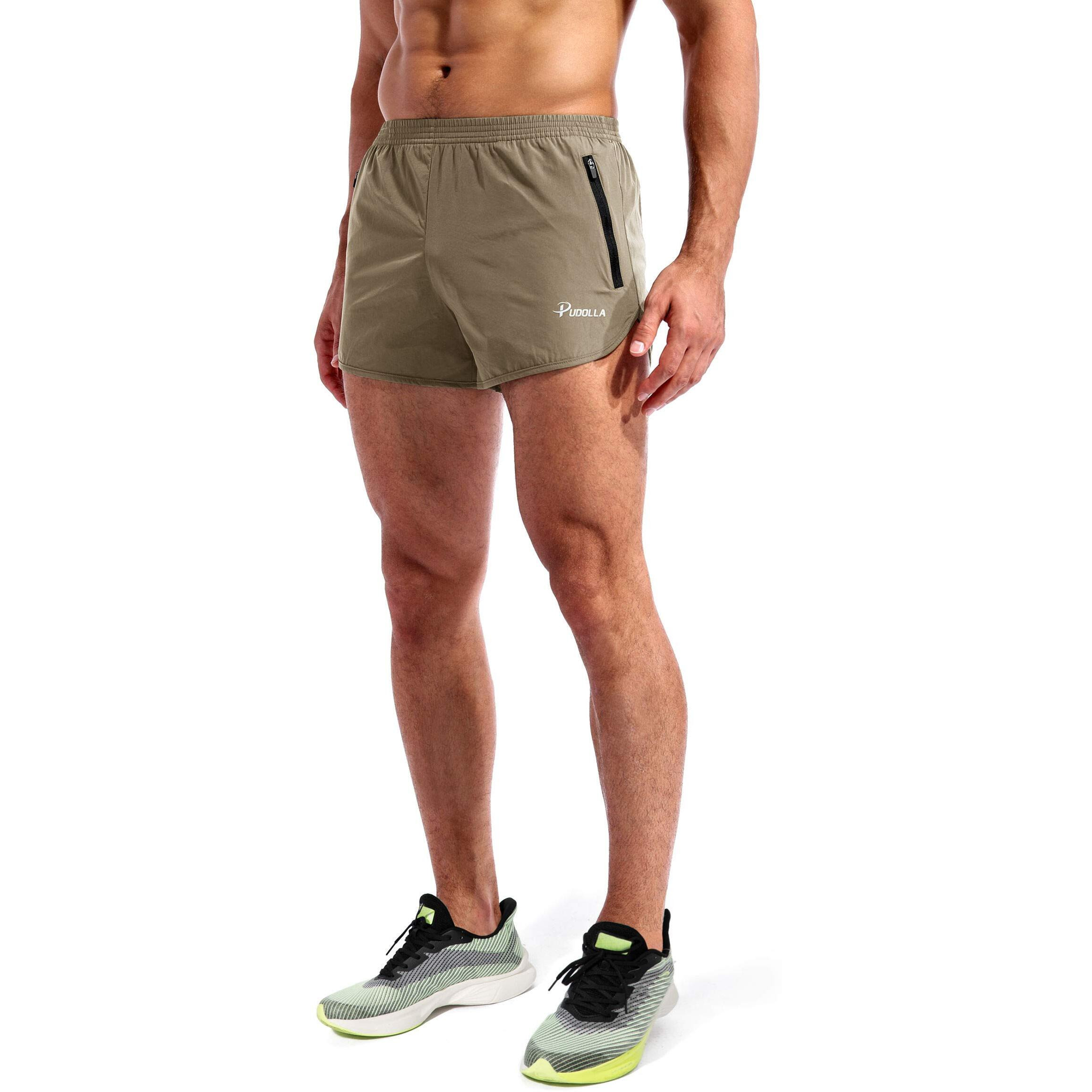 Pudolla Mens Running Shorts 3 Inch Quick Dry Gym Athletic Workout Shorts For Men With Zipper Pockets(Khaki Large)