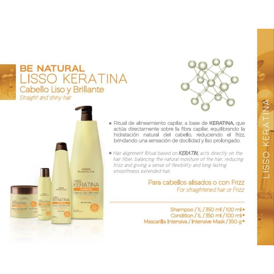 Placenta Life Be Natural Lisso Keratina Shampoo With Hydrolyzed Keratin For Straight And Shiny Hair- (350 Ml/ 11.83 Fl.Oz)