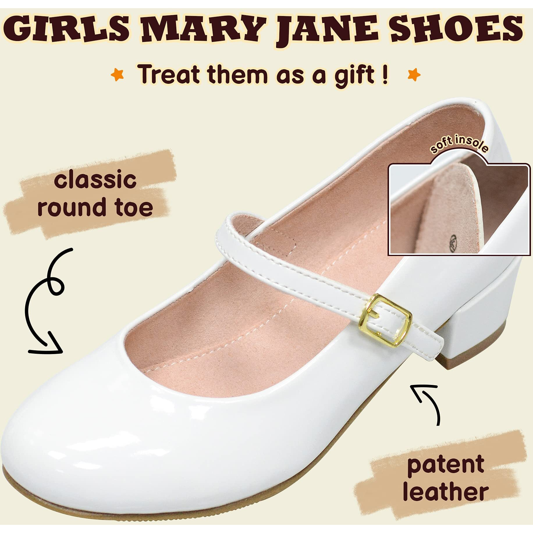 Wikency Girls Dress Shoes-Mary Jane Shoes For Girls  Princess Wedding Party Flower Girl School Shoes Low Heel Flats For Little/Big Kids White 8 Us Toddler