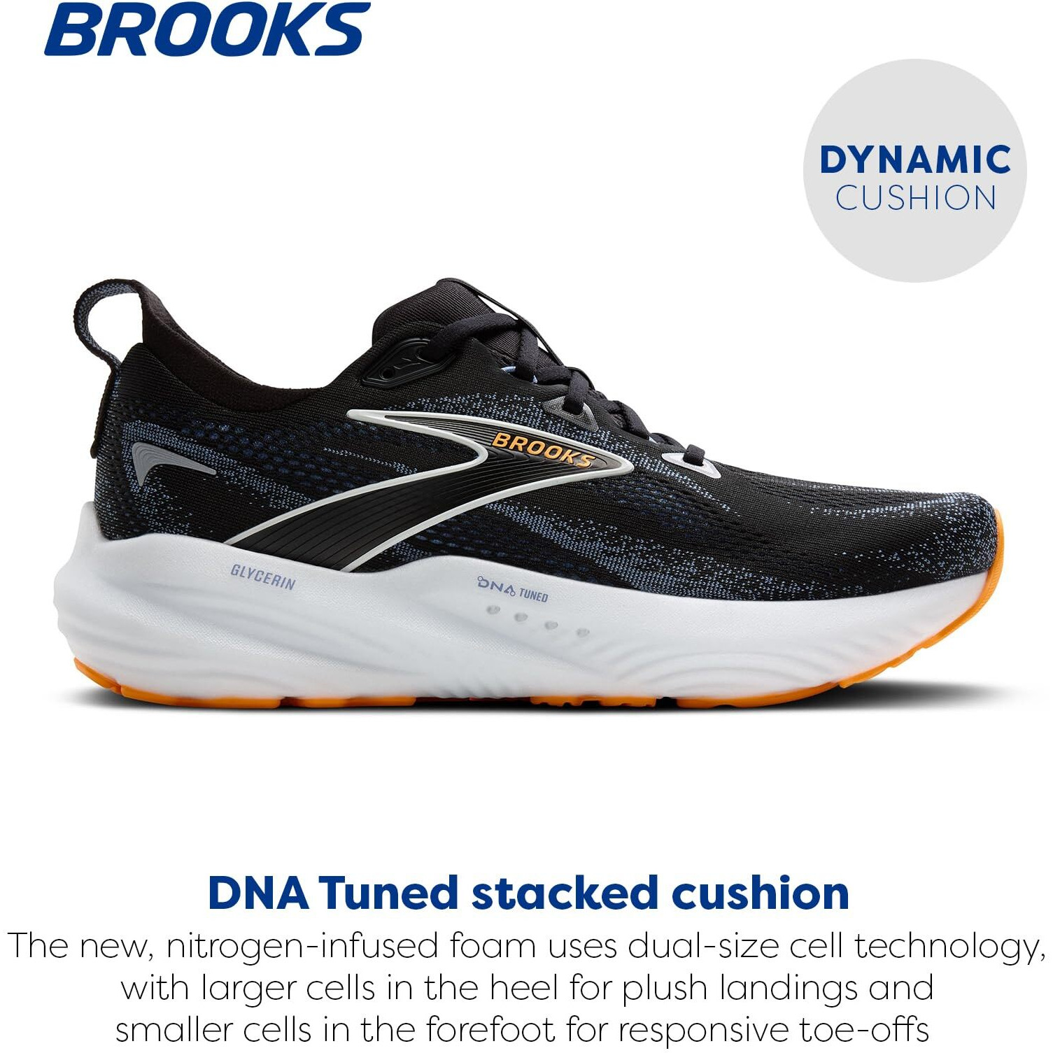 Brooks Mens Glycerin 22 Neutral Running Shoe - Black/Country Blue/Orange Pop - 10.5 Wide
