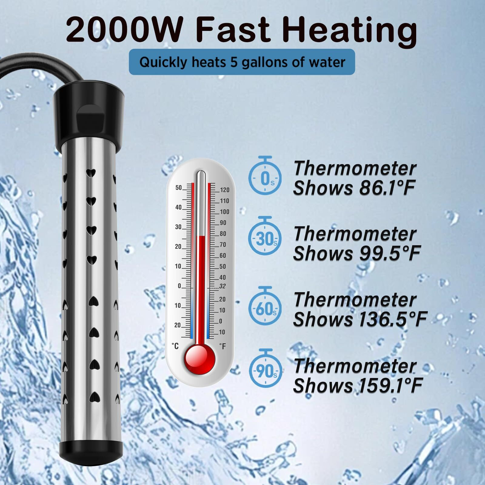 2000W Immersion Water Heater Electric  Fast Heating Portable Water Heater With 304 Stainless Steel  Bucket Heater With Digital Lcd Thermometer For Home Camping Bath Pool Outdoor Use