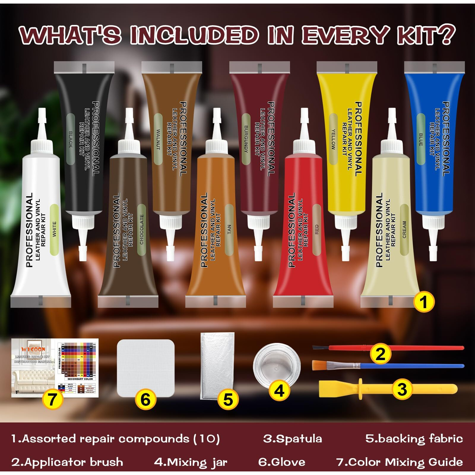 Wycoon Leather Repair Kit For Furniture  Vinyl Repair Kit For Car Interior  Couch  Sofa  Car Seats And Purse With Color Mixing Guide  Restores Faux  Artificial  Genuine Pleather