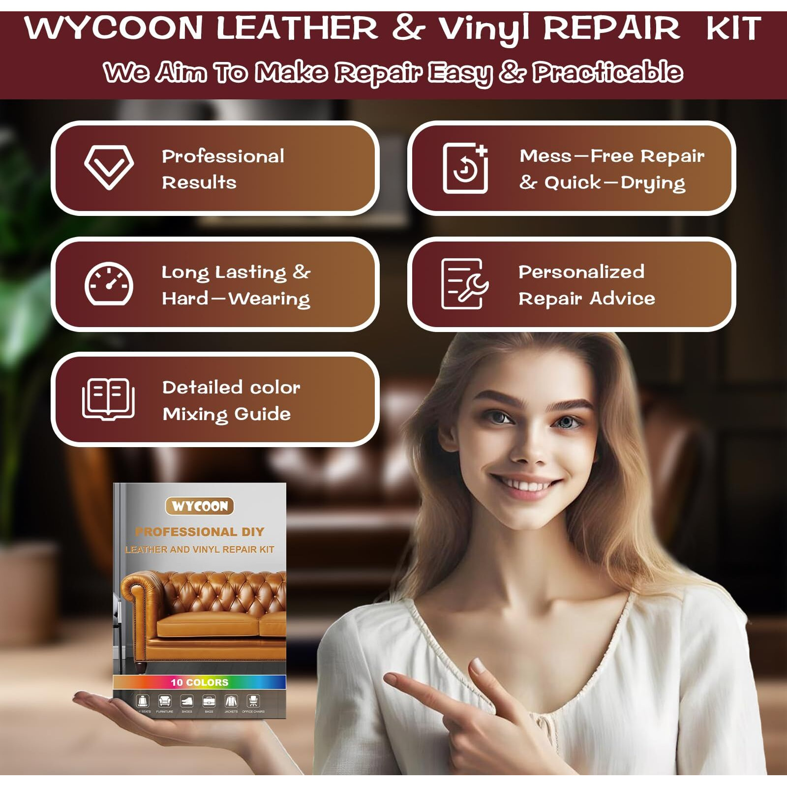 Wycoon Leather Repair Kit For Furniture  Vinyl Repair Kit For Car Interior  Couch  Sofa  Car Seats And Purse With Color Mixing Guide  Restores Faux  Artificial  Genuine Pleather