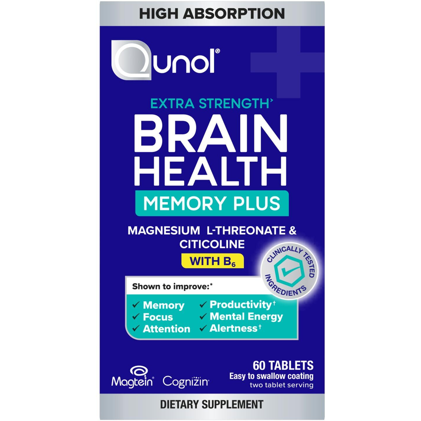 Qunol Brain Health Memory Plus With B6  Magnesium L-Threonate & Citicoline  Clinically Tested Ingredients To Improve Memory  Focus  Attention And Productivity  60 Count (Pack Of 1)