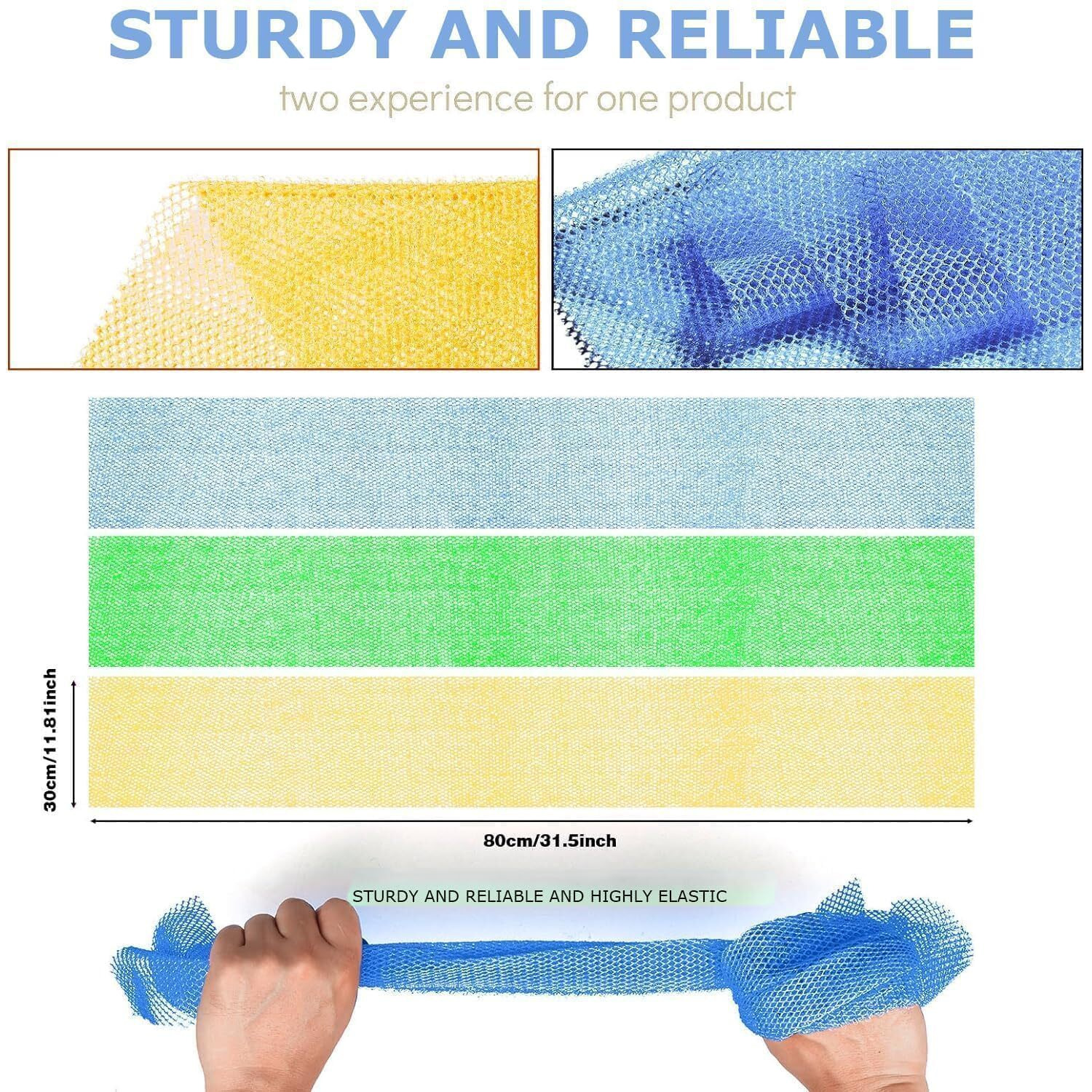 Ujfqbh 3 Pieces African Exfoliating Net African Net Long Net Bath Sponge Exfoliating Shower Body Scrubber Back Scrubber Skin Smoother Great For Daily Use (Yellow  Green  Blue)
