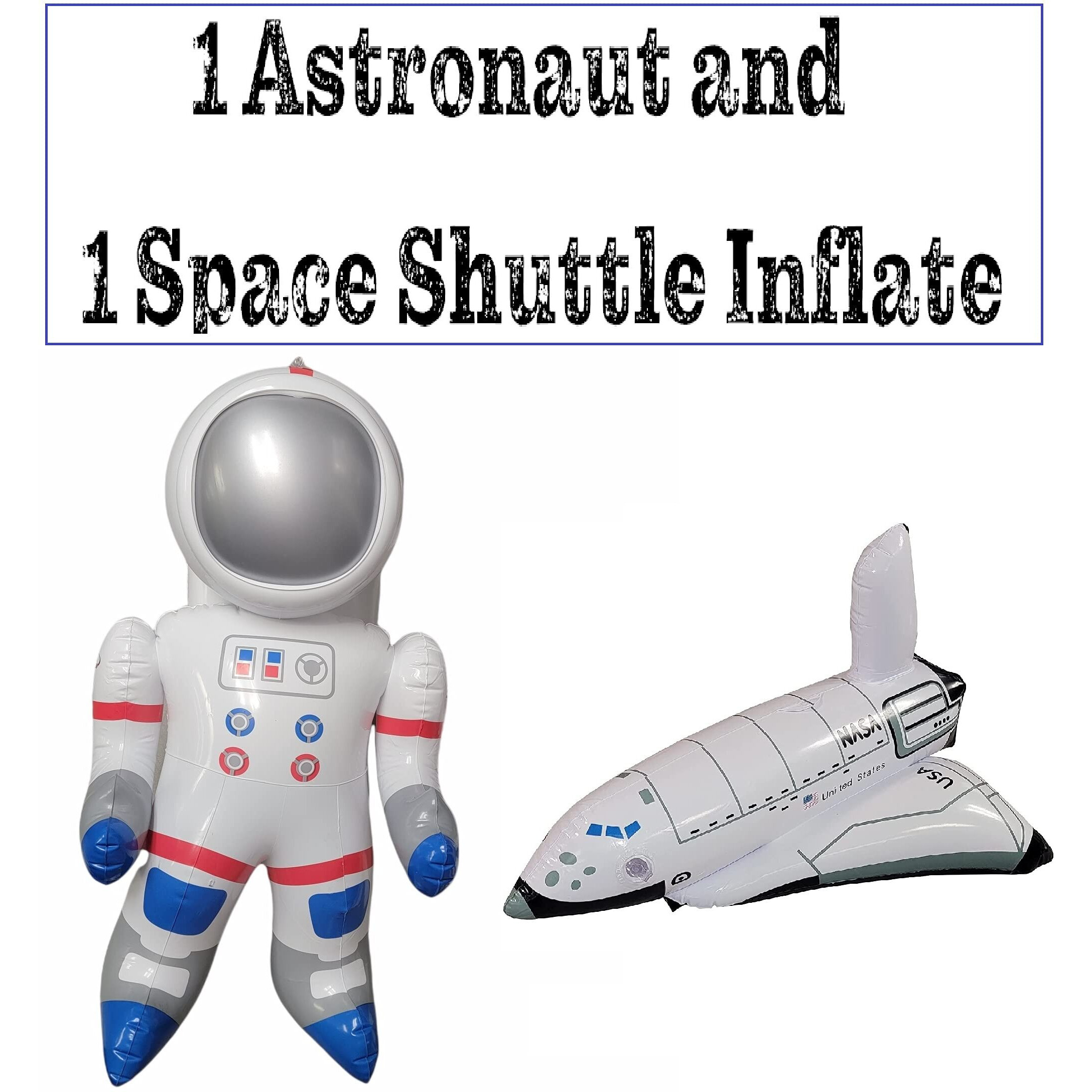 Outer Space Mission - Inflatable Astronaut & Space Shuttle (Set Of 2) Self Standing Cosmos Exploration Mission Inflate Cosmonauts Themed Party With Hanging Tag.