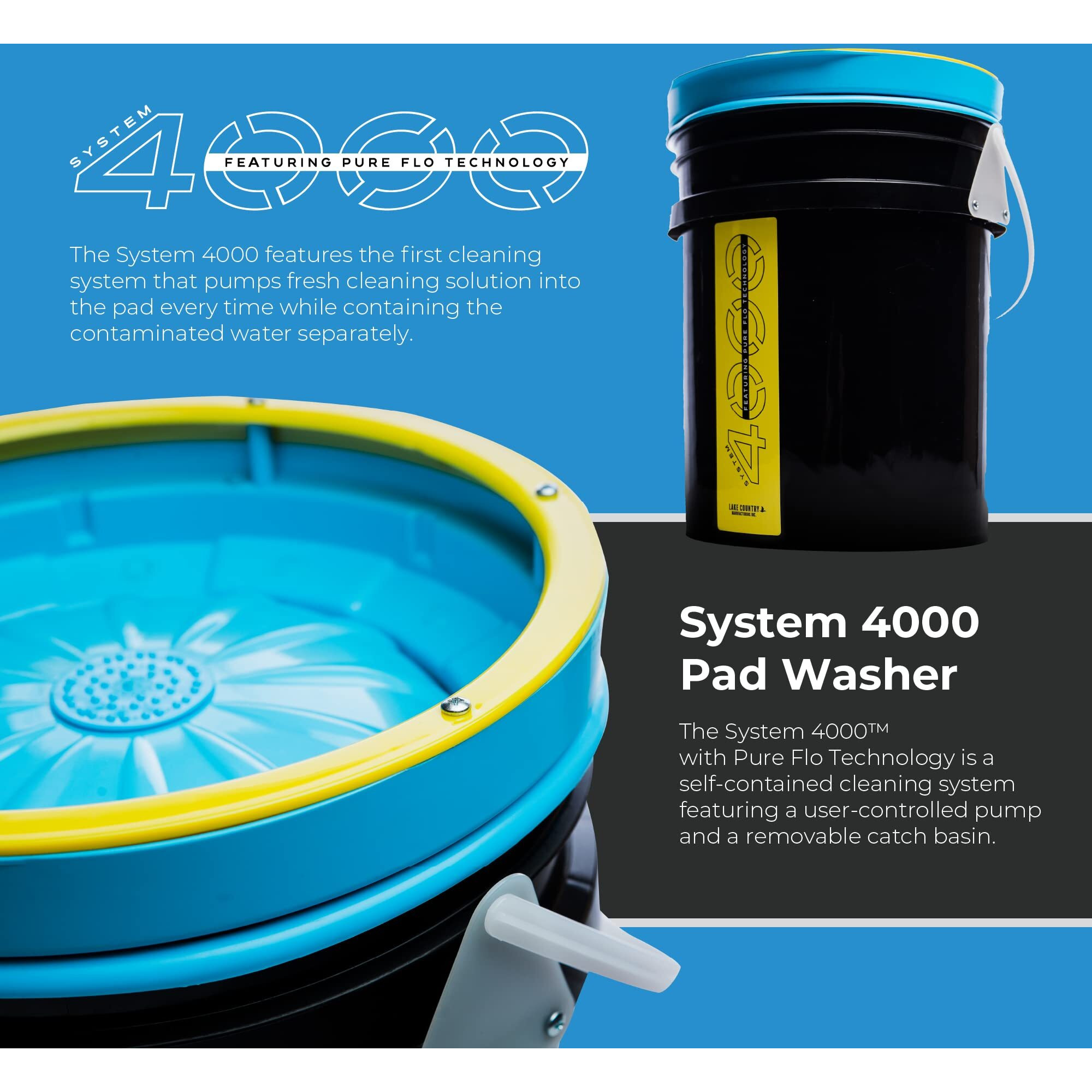 Lake Country System 4000 Polishing Pad Washer - Pure Flo Cleaning Bucket System W/Controlled Pump & Removable Basin - Wool & Foam Pad Cleaner