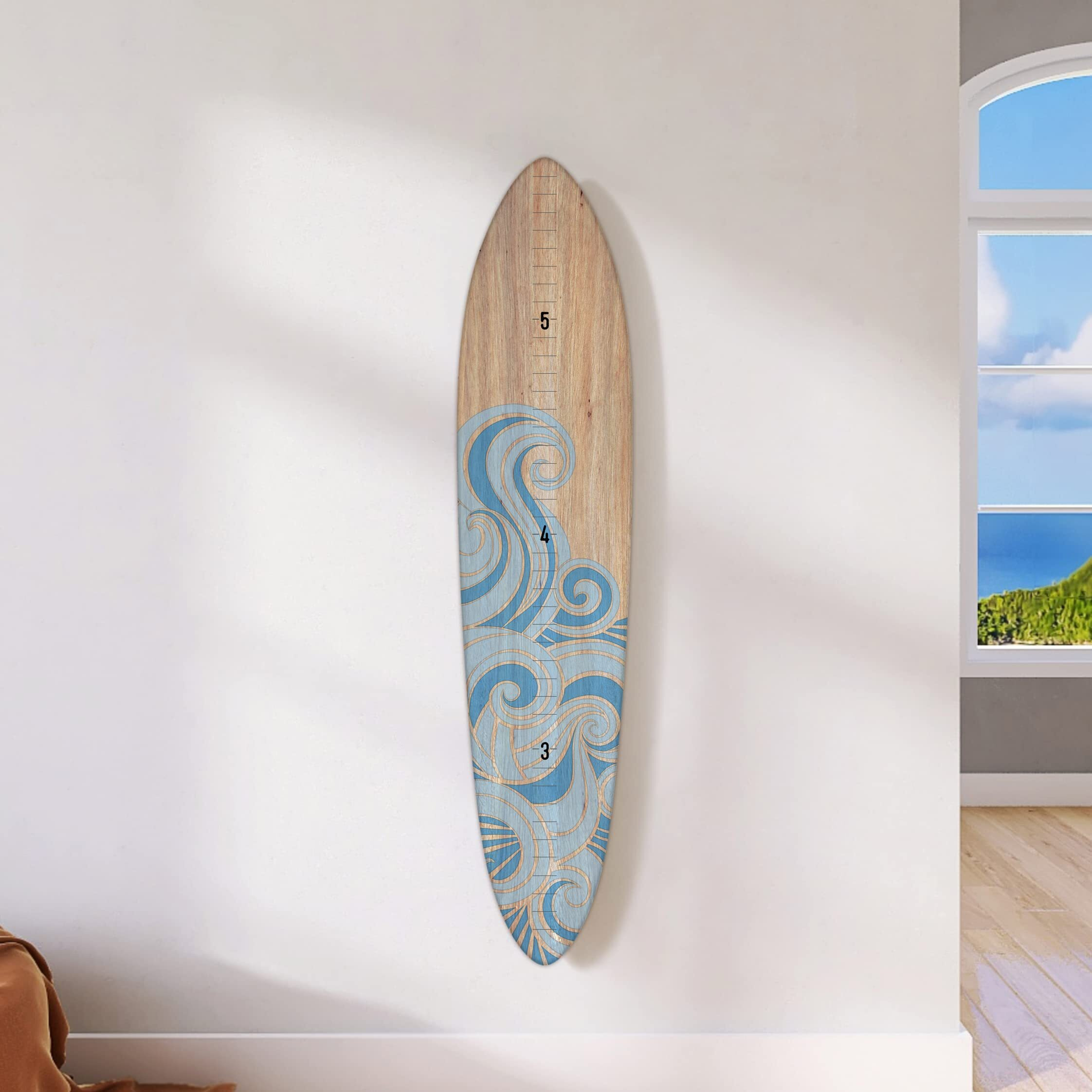 Headwaters Studio Wooden Surfboard Wall Decor Growth Chart - Surf Board Wall Decor For Kids Room  Wooden Growth Chart For Wall  Surfboard Wall Art  Surfboards For Decoration - Blue Wave (9.5"&quotX 45"")