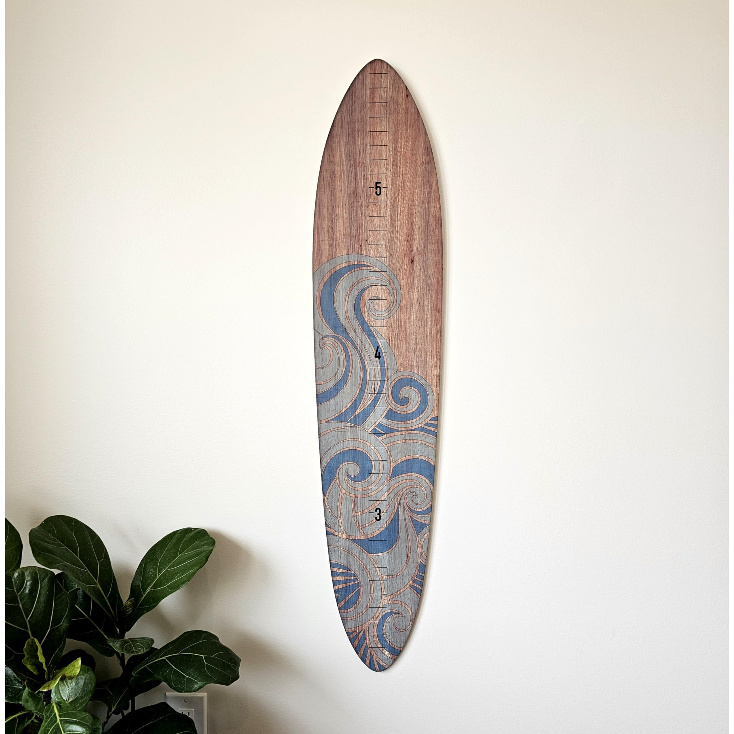 Headwaters Studio Wooden Surfboard Wall Decor Growth Chart - Surf Board Wall Decor For Kids Room  Wooden Growth Chart For Wall  Surfboard Wall Art  Surfboards For Decoration - Blue Wave (9.5"&quotX 45"")