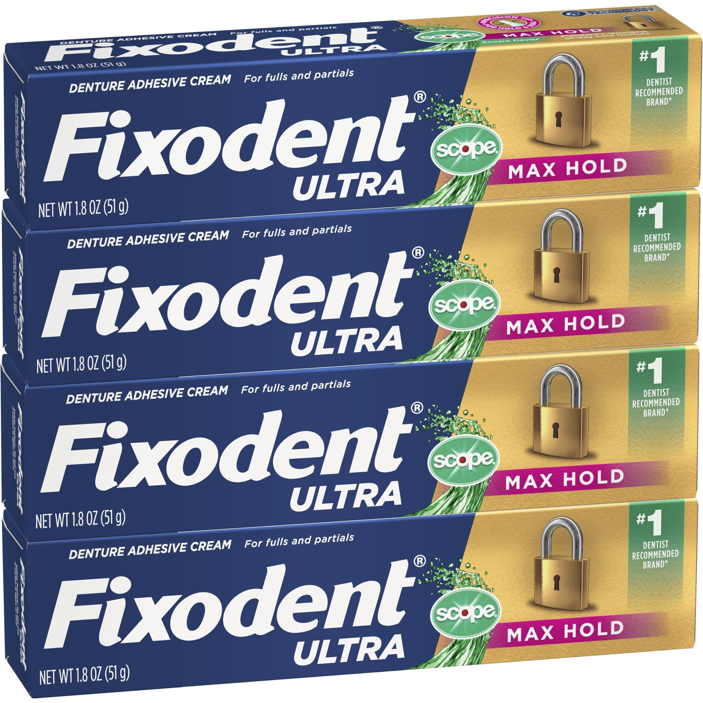 Ultra Max Hold Plus Scope Secure Denture Adhesive For Full And Partial Denture Wearers  1.8Oz 4 Pack