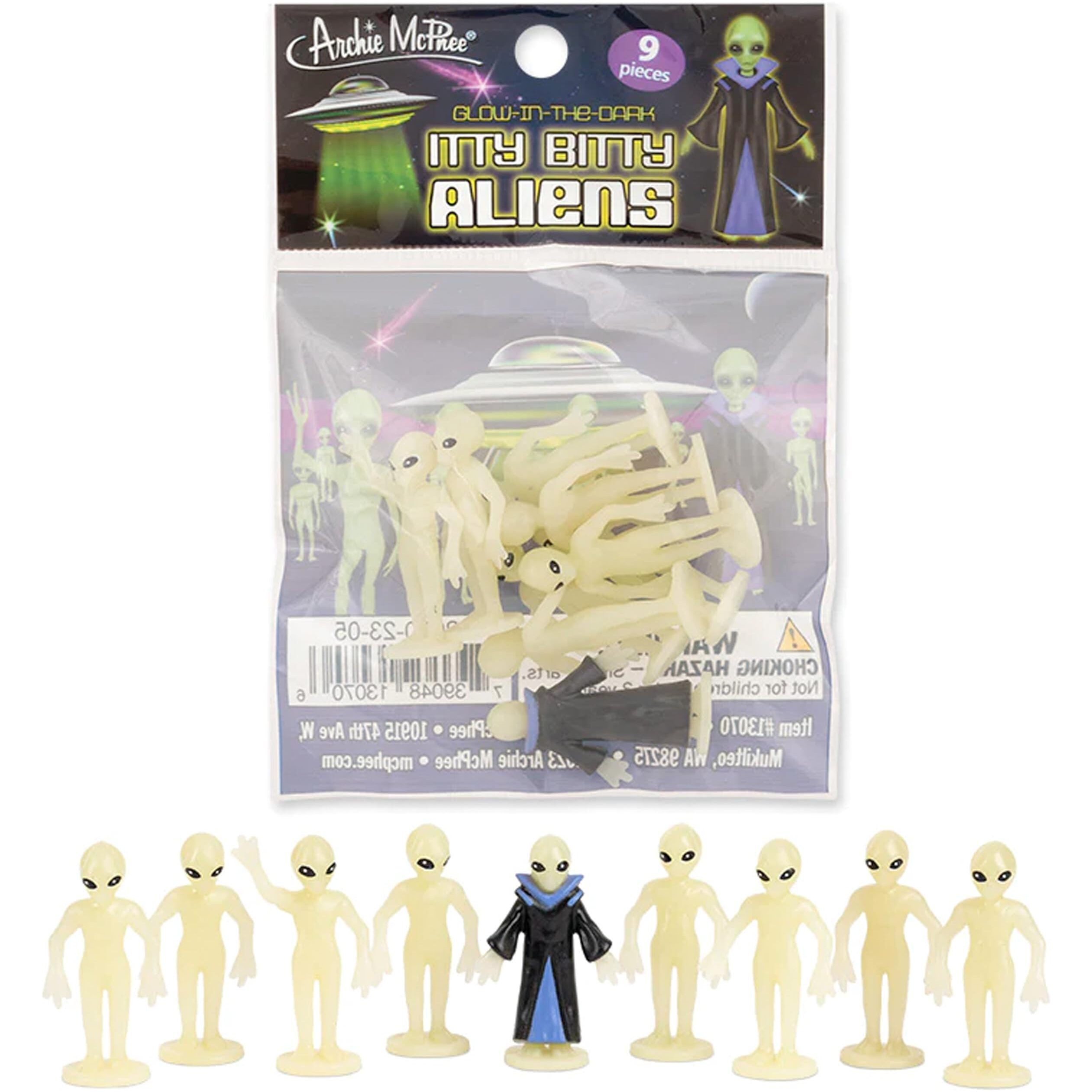 Accoutrements Archie Mcphee Itty Bitty Aliens Take Me To Your Miniature Tiny Leader - Glow In The Dark 1-3/8"""" Vinyl Figures - Set Of 9  Green