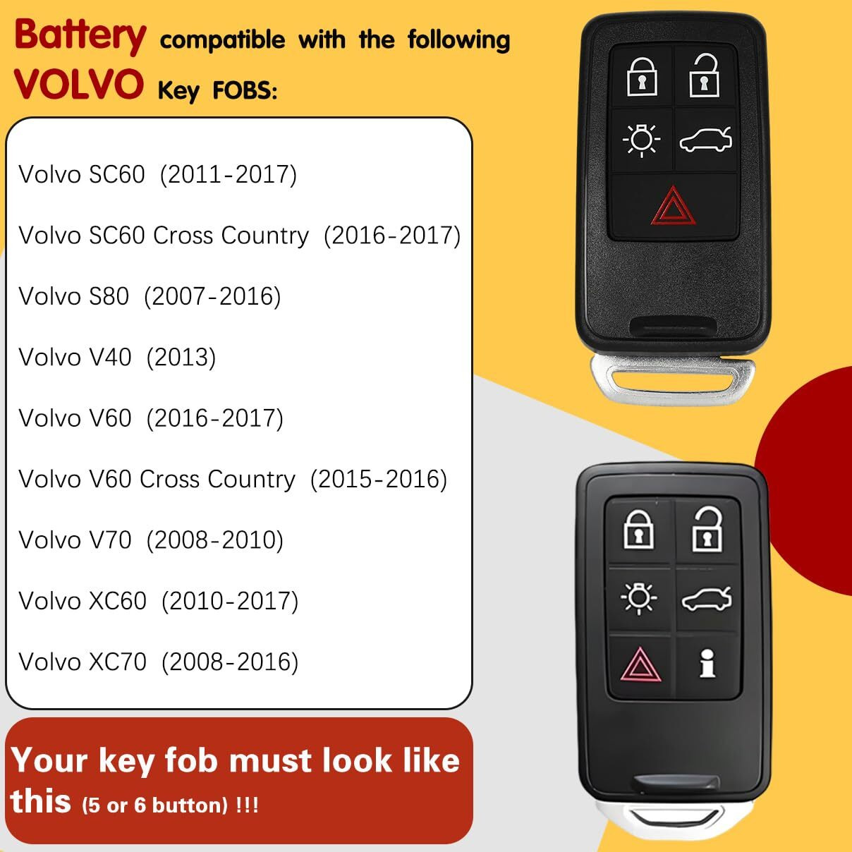 2 Pack Key Fob Replacement Batteries Cr2430 For Volvo Xc60 (2010-17)  S60 (2011-18)  Xc70 (2008-16)  S80 (2007-16)  V60 (2015-18)  V70 (2008-10) Remote Fob  Includes Pry Tool For Easy Installation