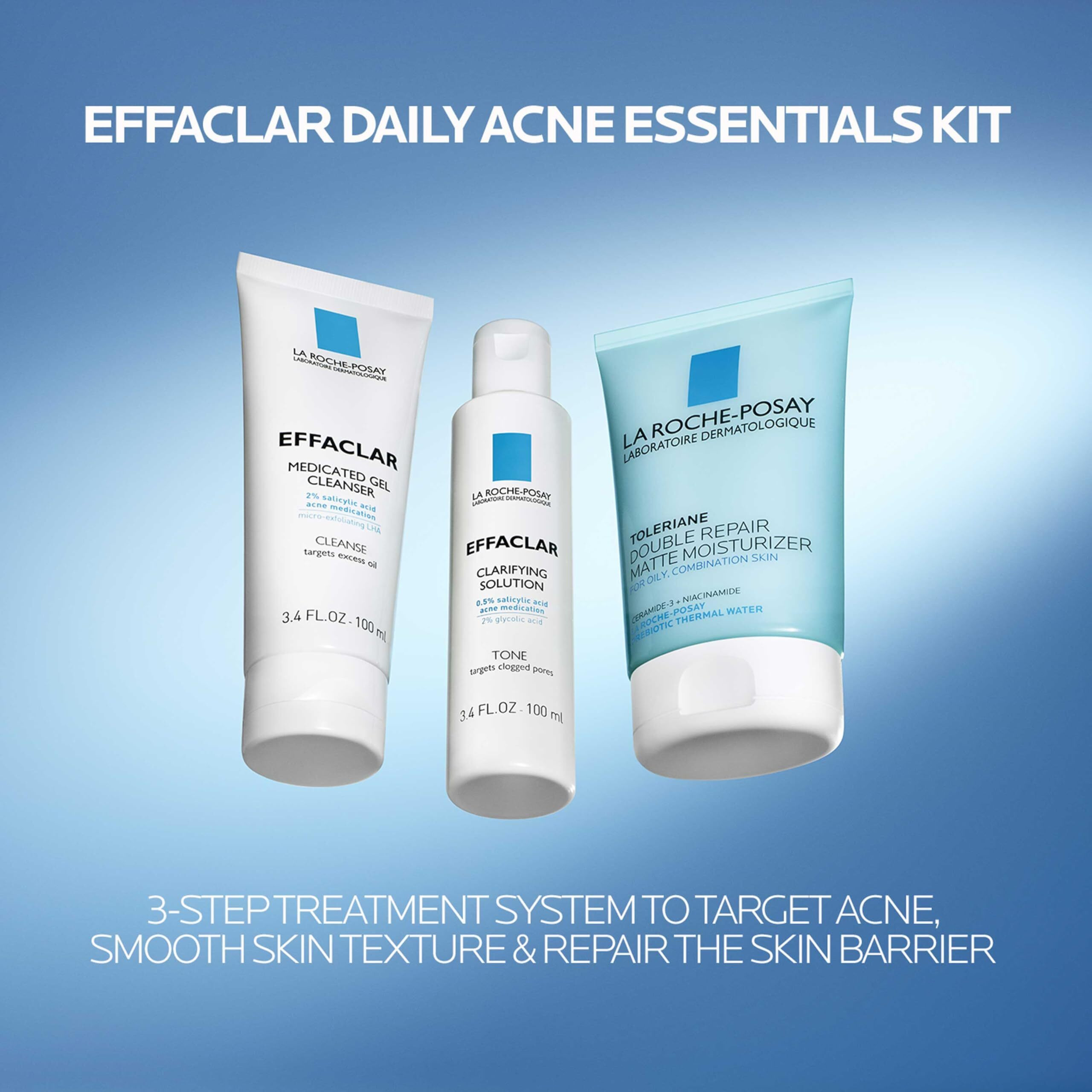 Effaclar Daily Acne Essentials Kit  Acne Treatment System  Salicylic Acid Acne Cleanser  Pore Refining Toner  & Matte Face Moisturizer For Oily Skin & Combination Skin  Oil-Free  2 Month Supply