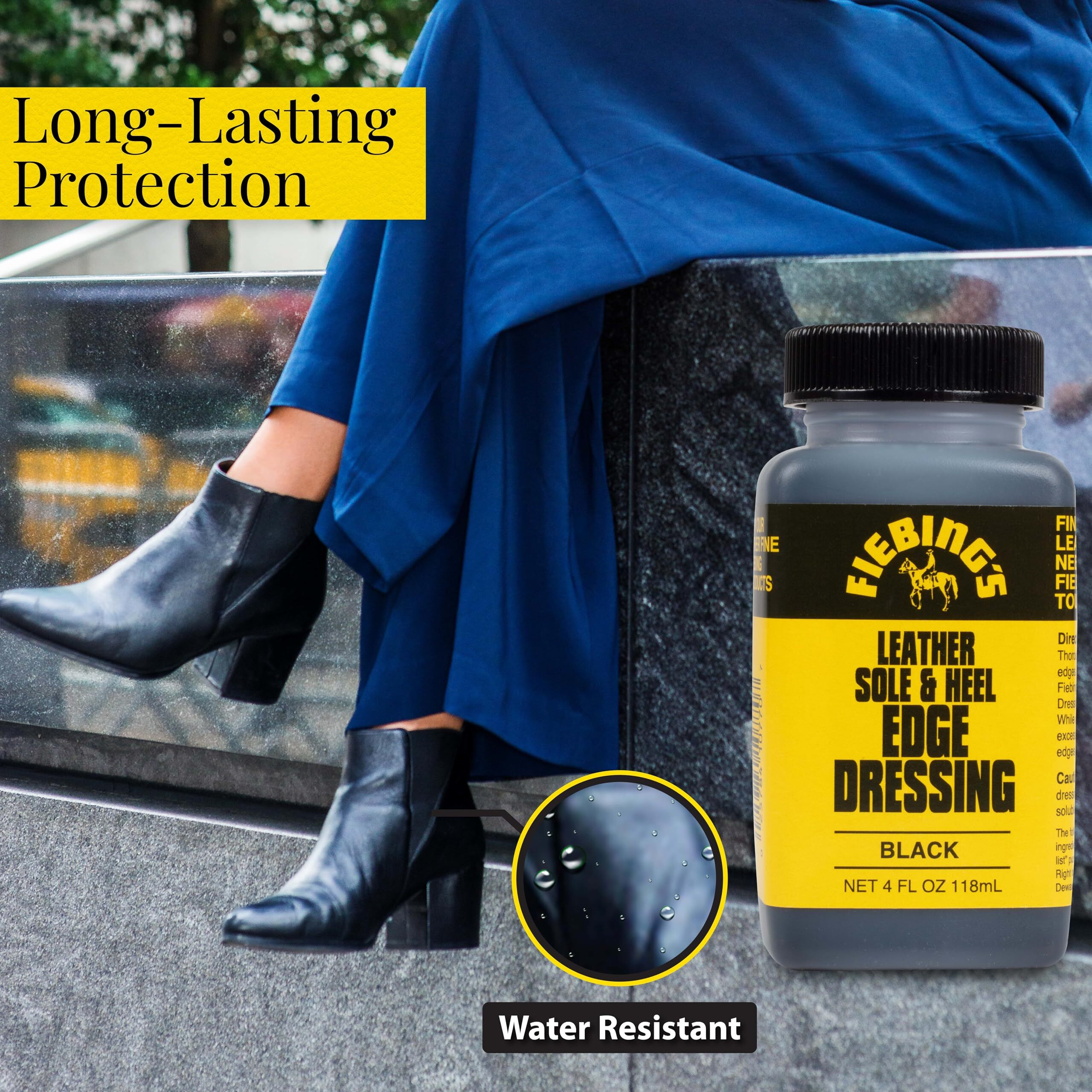 Fiebing's Leather Sole & Heel Black Edge Dressing (4 Oz) - High Gloss Shoe Dressing For Leather Soles And Heels - Provides A Protective  Glossy Finish After A Shoe Shine - Includes Brush Applicator