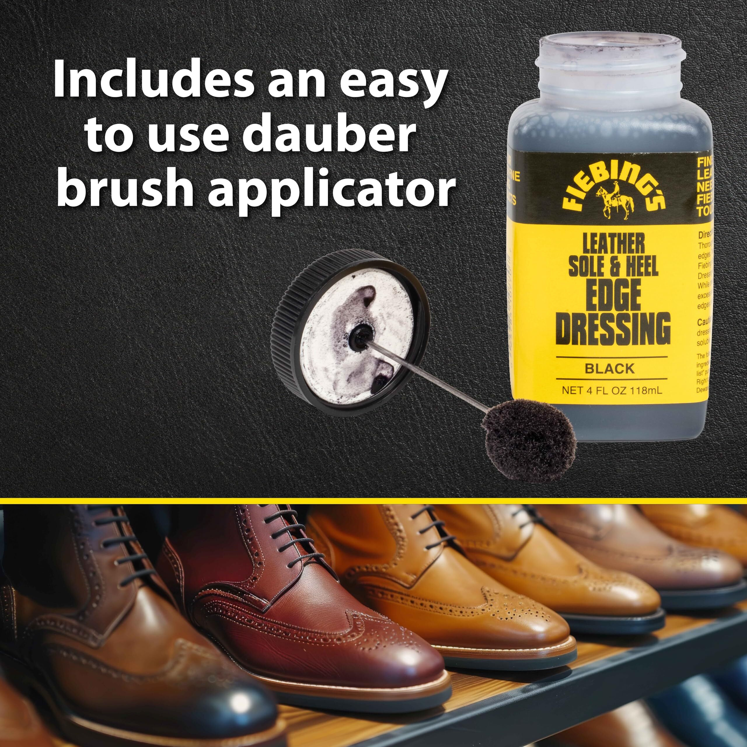 Fiebing's Leather Sole & Heel Black Edge Dressing (4 Oz) - High Gloss Shoe Dressing For Leather Soles And Heels - Provides A Protective  Glossy Finish After A Shoe Shine - Includes Brush Applicator
