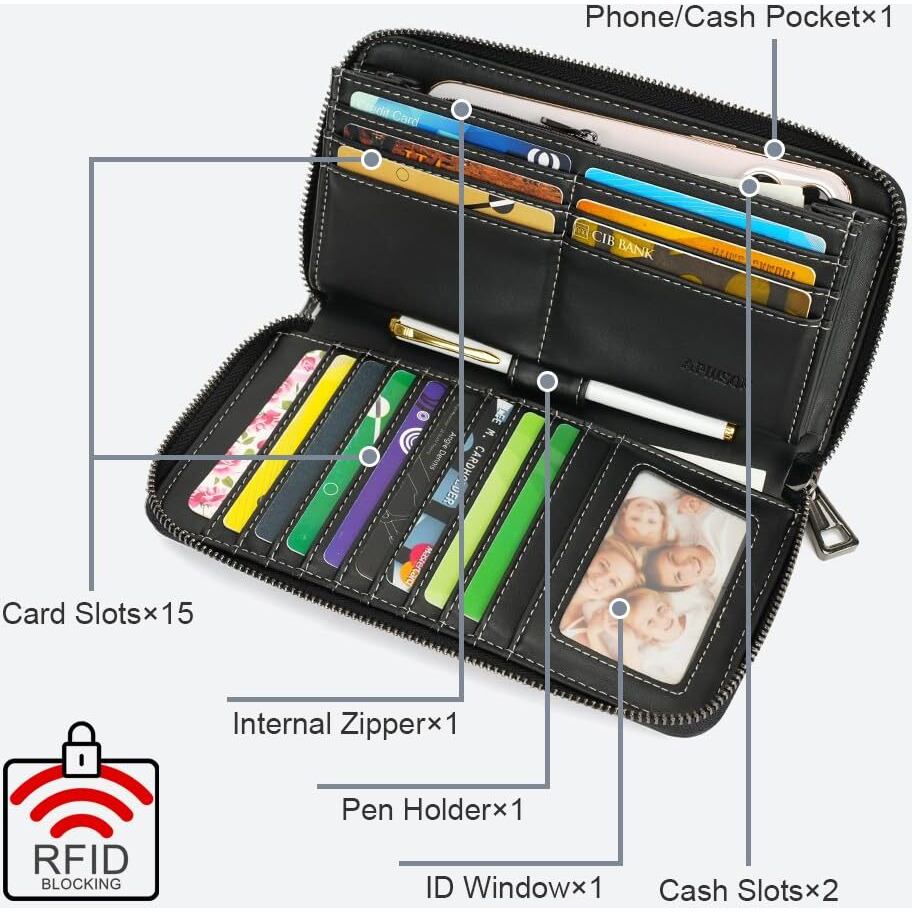 Aphison Wallet Women Large Capacity Clutch Purse For Ladies Card Holder Rfid Cell Wristlet Phone Zipper Coin Travel Pocket