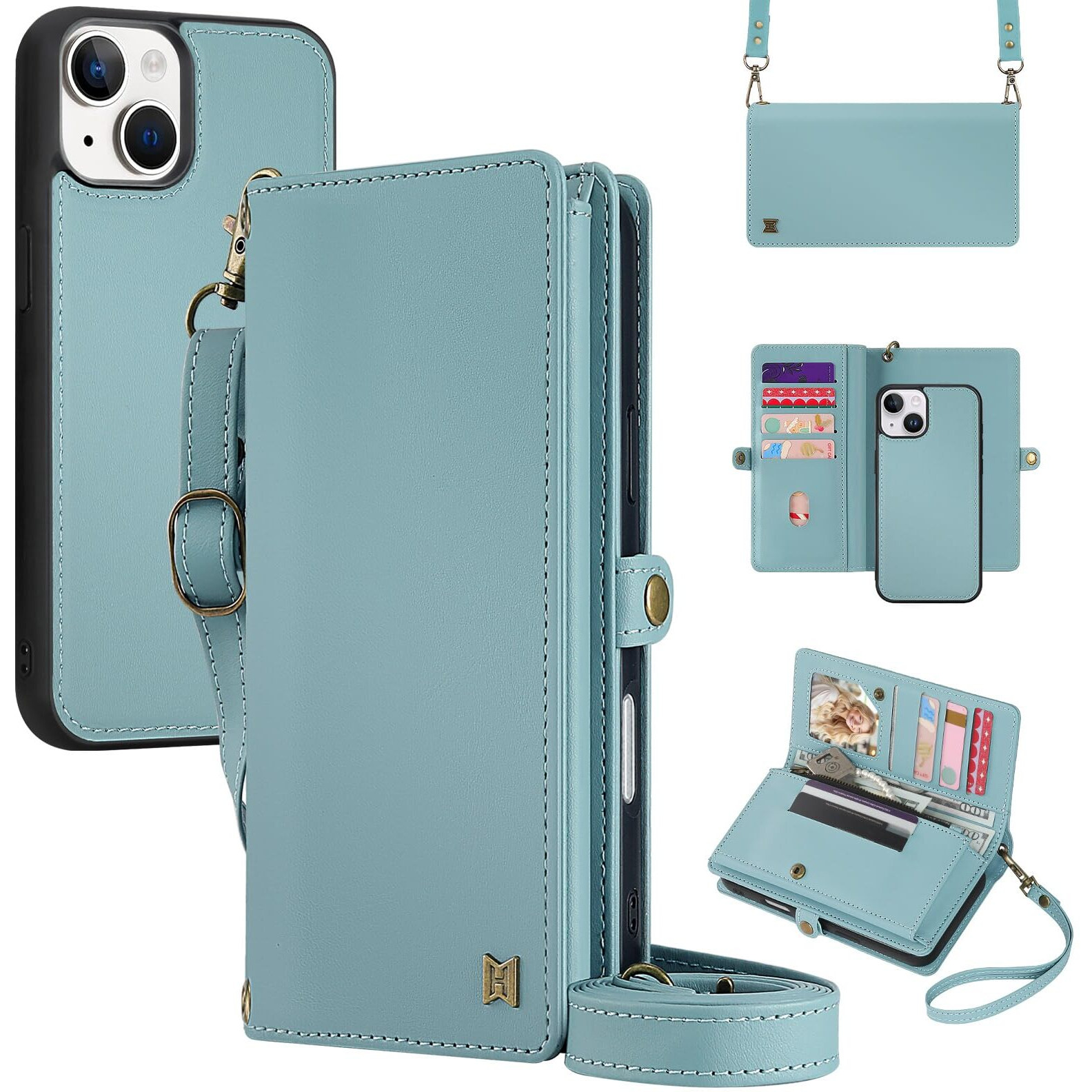 Megshi For Wallet Case Compatible With Iphone 13 Multi-Function Detachable 2 In 1 Magnetic Iphone 13 Case Wallet Flip Strap Zipper Card Holder Phone Case With Shoulder Straps (Blue)