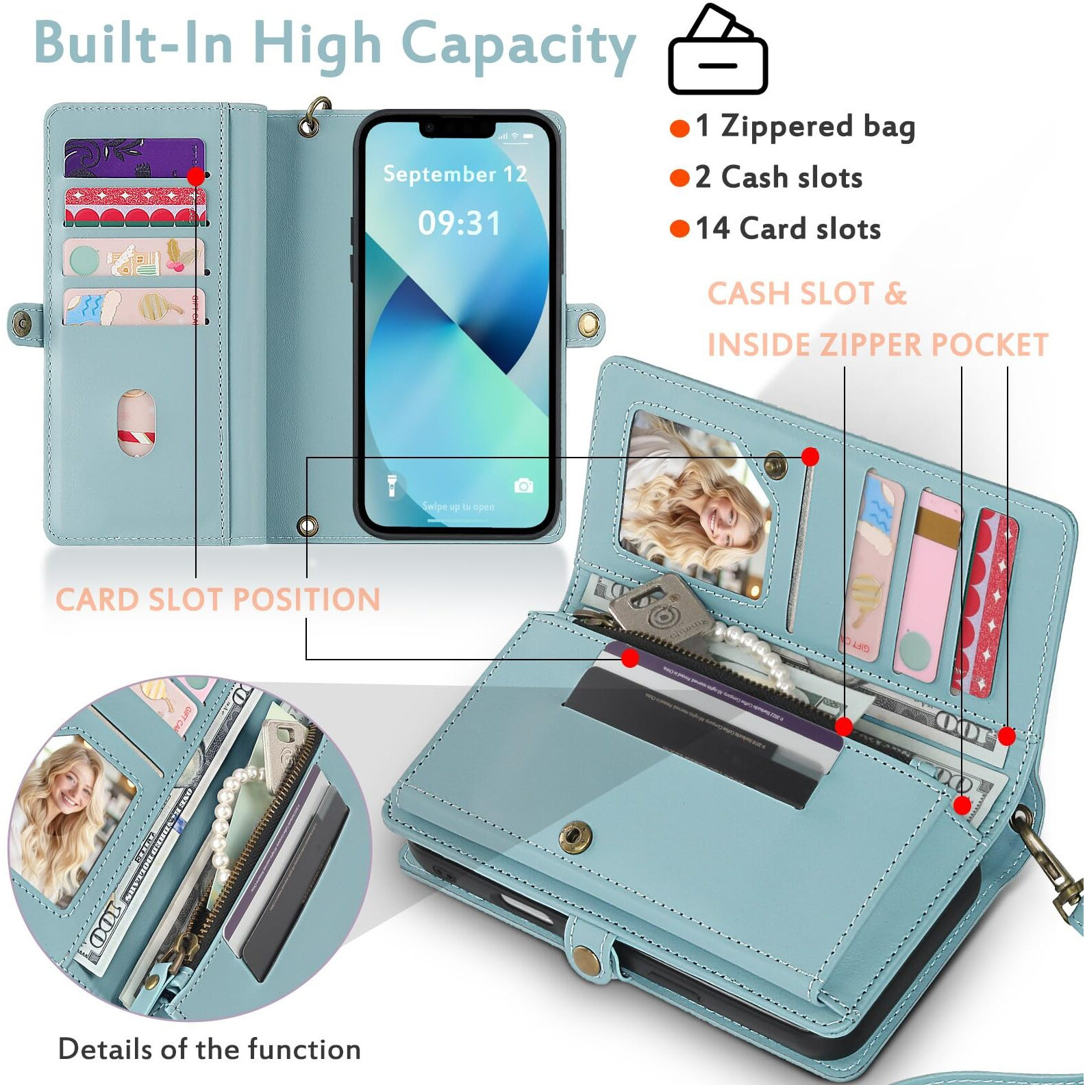 Megshi For Wallet Case Compatible With Iphone 13 Multi-Function Detachable 2 In 1 Magnetic Iphone 13 Case Wallet Flip Strap Zipper Card Holder Phone Case With Shoulder Straps (Blue)
