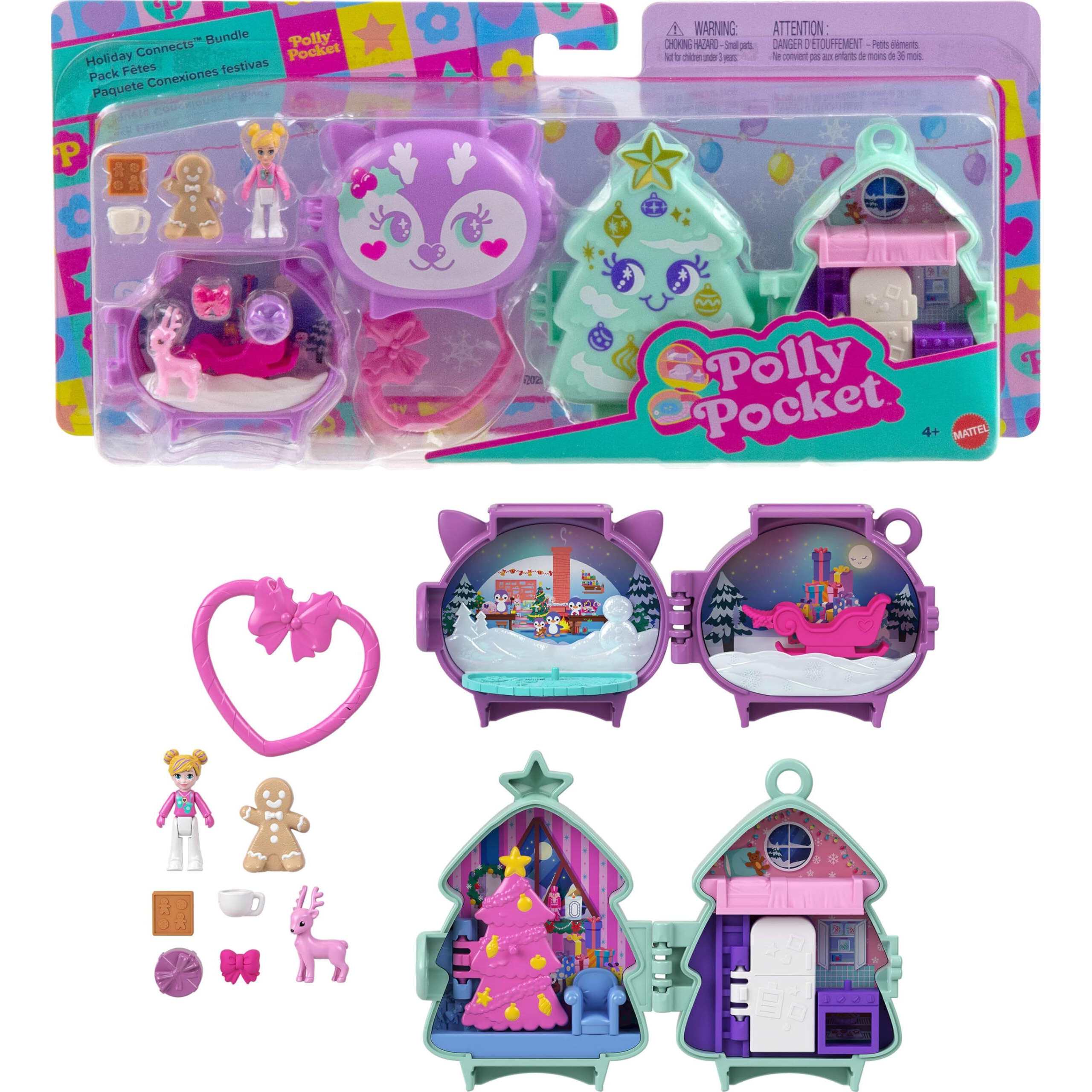 Polly Pocket Mini Toys  Holiday Stackable Compact Playset Bundle With Micro Doll  Accessories  Pet Animal  Travel Toy With Clip