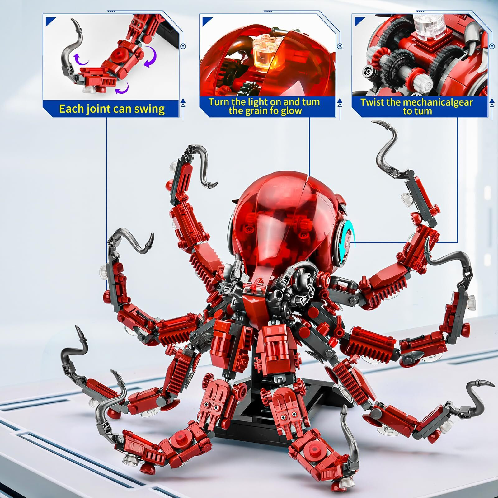 Xitalaxu Mechanical Octopus Building Sets For Adult  Ocean Animal Collection Toy With Display Stand And Light  Home Office Decor And Idea Gift For Teen Boys 8+(882Pcs)