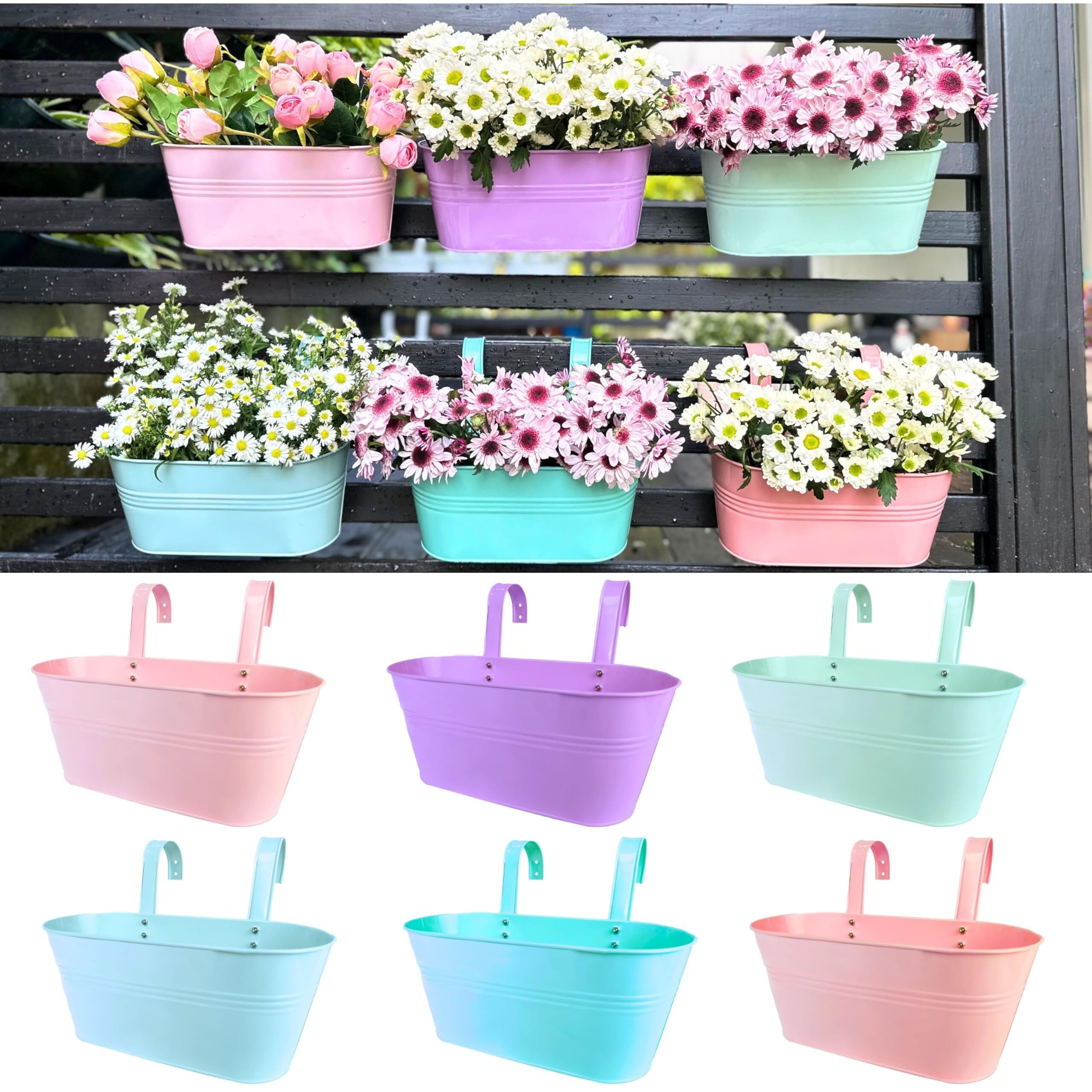 Lalagreen Outdoor Hanging Planter (11.2 Inch  6 Pack) Light Pink  Light Purple  Turquoise  Light Blue  Peachy Pink  Cadet Blue Metal Iron Window Flower Pot Deck Railing Balcony Fence Rail Garden Decor
