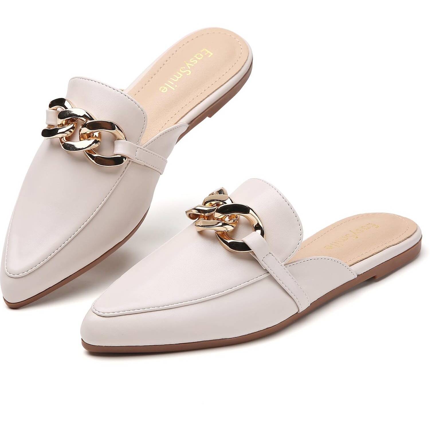Easysmile Metal Chain Decor Flat Mules For Women Closed Pointed Toe Slip On Loafers Slides Backless Mules Shoes