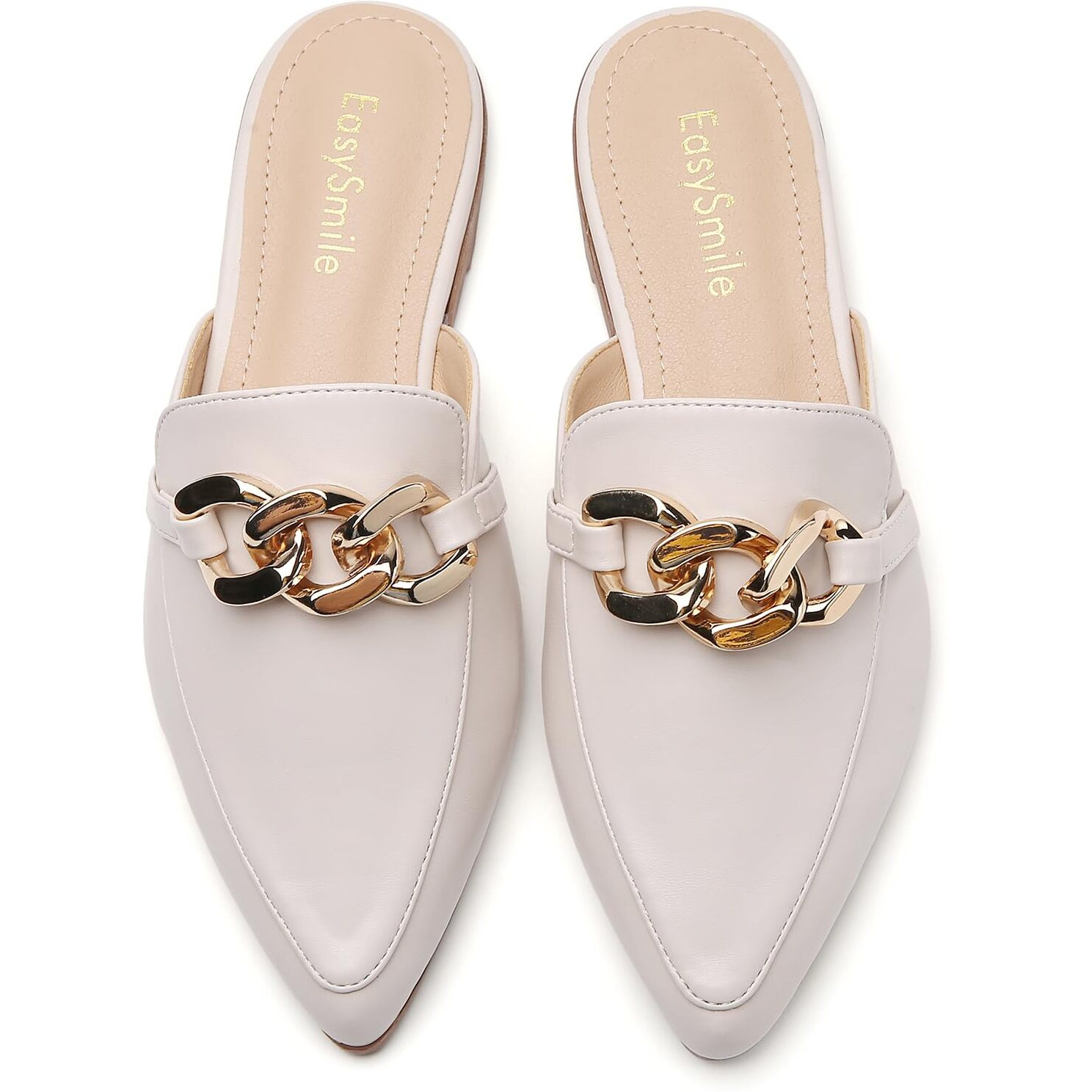 Easysmile Metal Chain Decor Flat Mules For Women Closed Pointed Toe Slip On Loafers Slides Backless Mules Shoes