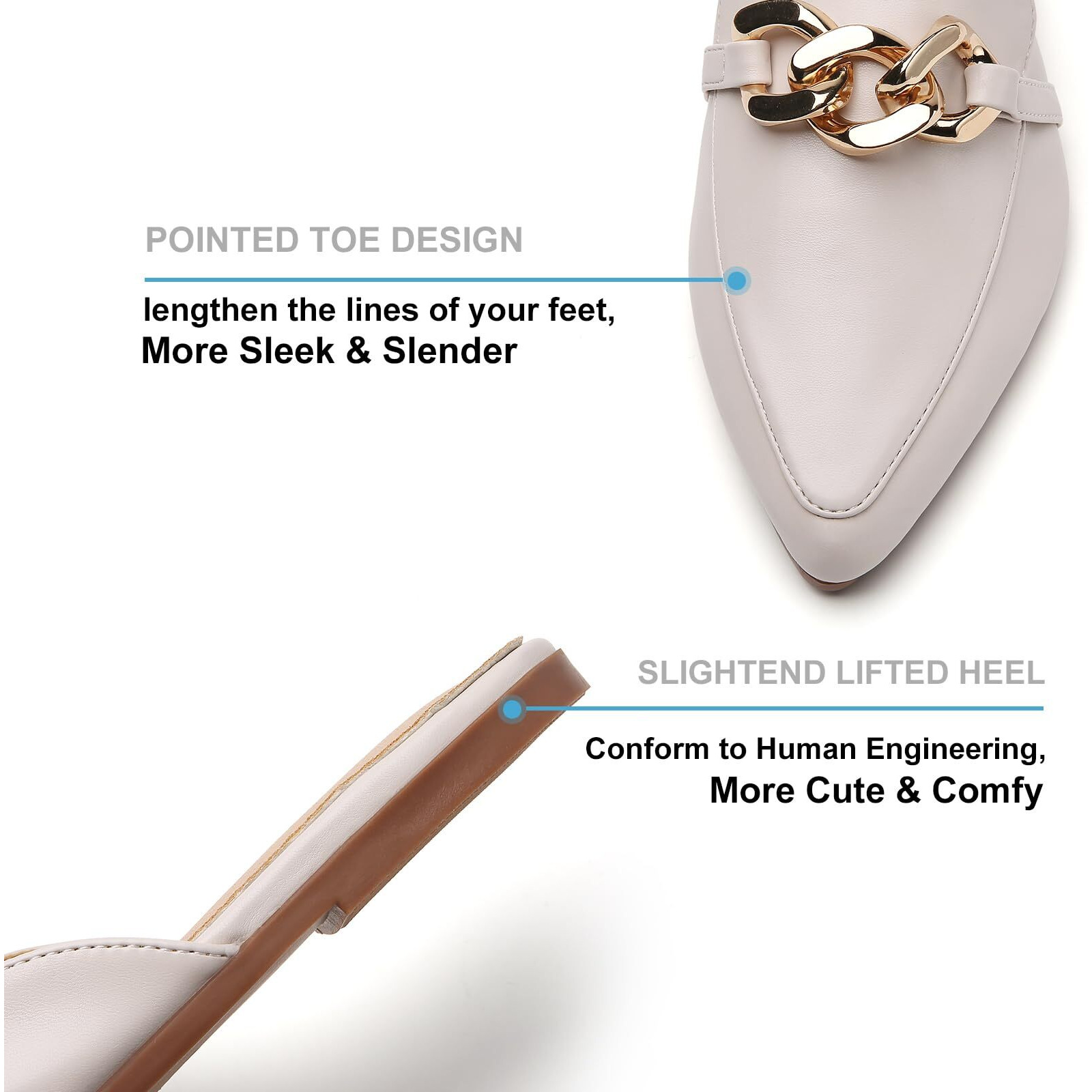 Easysmile Metal Chain Decor Flat Mules For Women Closed Pointed Toe Slip On Loafers Slides Backless Mules Shoes