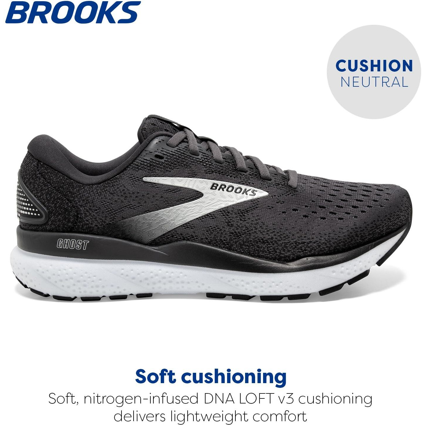 Brooks Womens Ghost 16 Neutral Running Shoe - Black/Grey/White - 8 Medium
