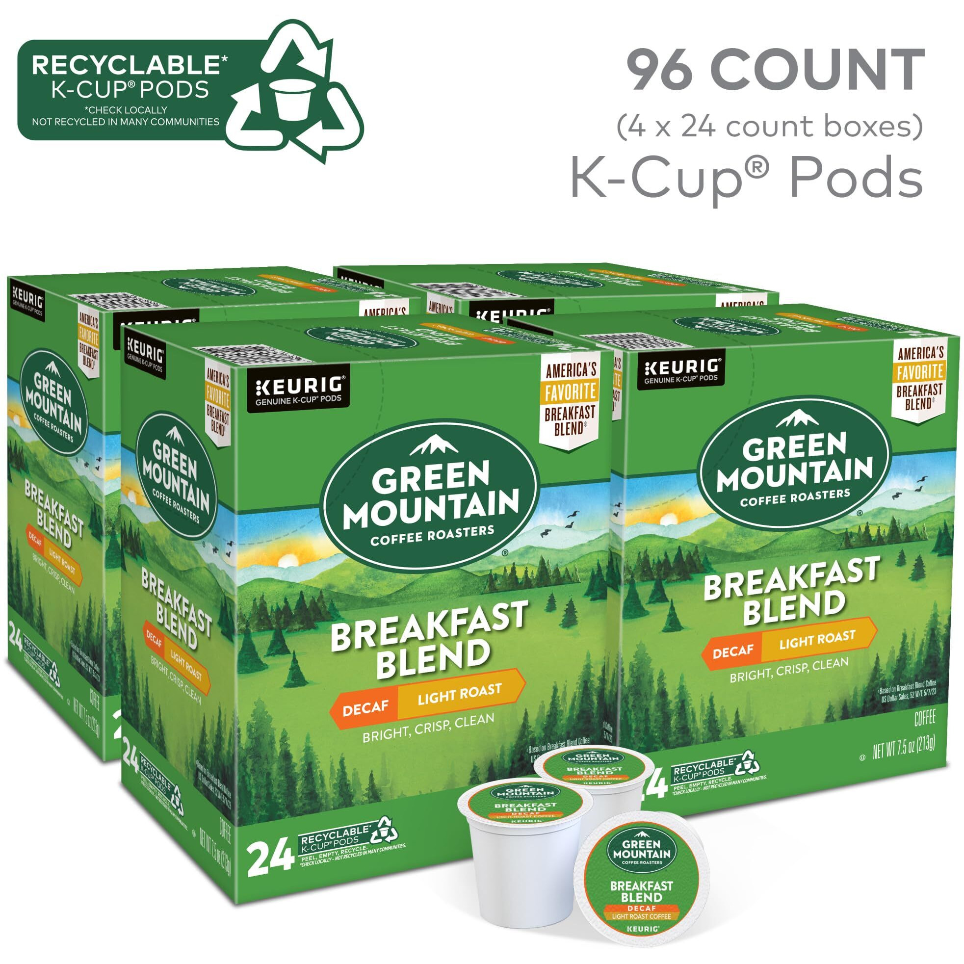Green Mountain Coffee Roasters Breakfast Blend Decaf Coffee, Keurig Single Serve K-Cup Pods, Light Roast, 96 Count