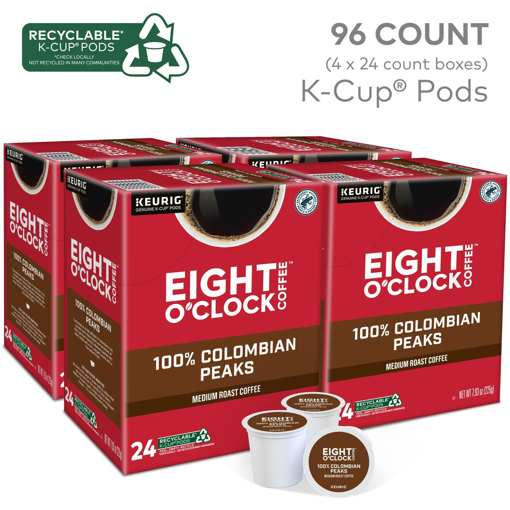 Eight O 'Clock Coffee Colombian Peaks Keurig Single-Serve K-Cup Pods, Medium Roast Coffee, 96 Count (Pack Of 4)