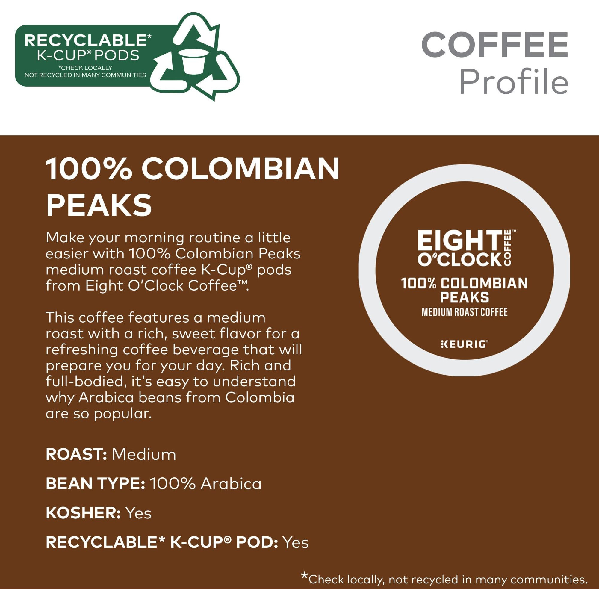 Eight O 'Clock Coffee Colombian Peaks Keurig Single-Serve K-Cup Pods, Medium Roast Coffee, 96 Count (Pack Of 4)