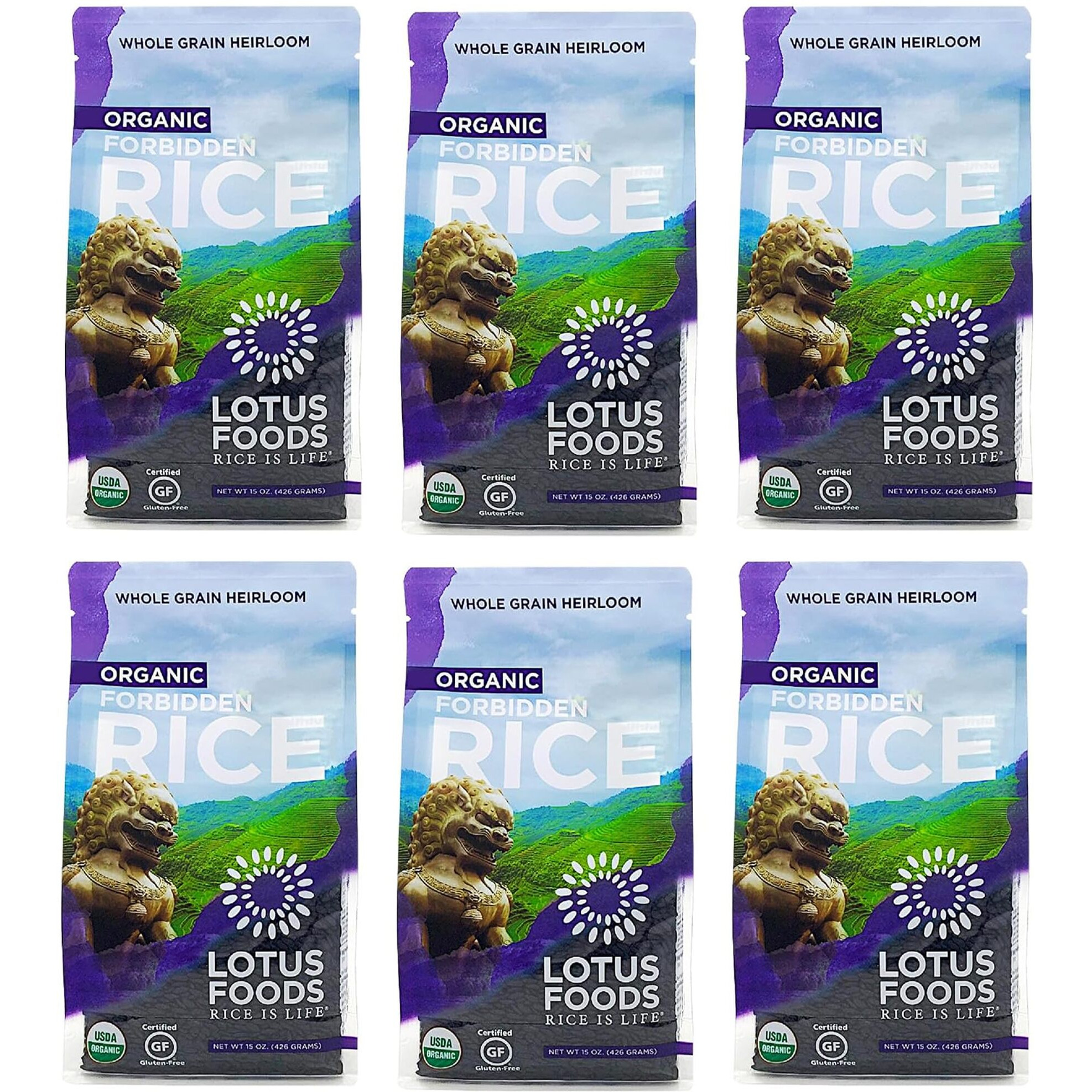 Lotus Foods Bulk Organic Forbidden Rice - Black Rice Organic, Purple Rice, Black Rice Bulk, Gluten Free Heirloom Rice, Whole Grain, Non Gmo, Vegan - 15 Oz Bags (Pack Of 6)