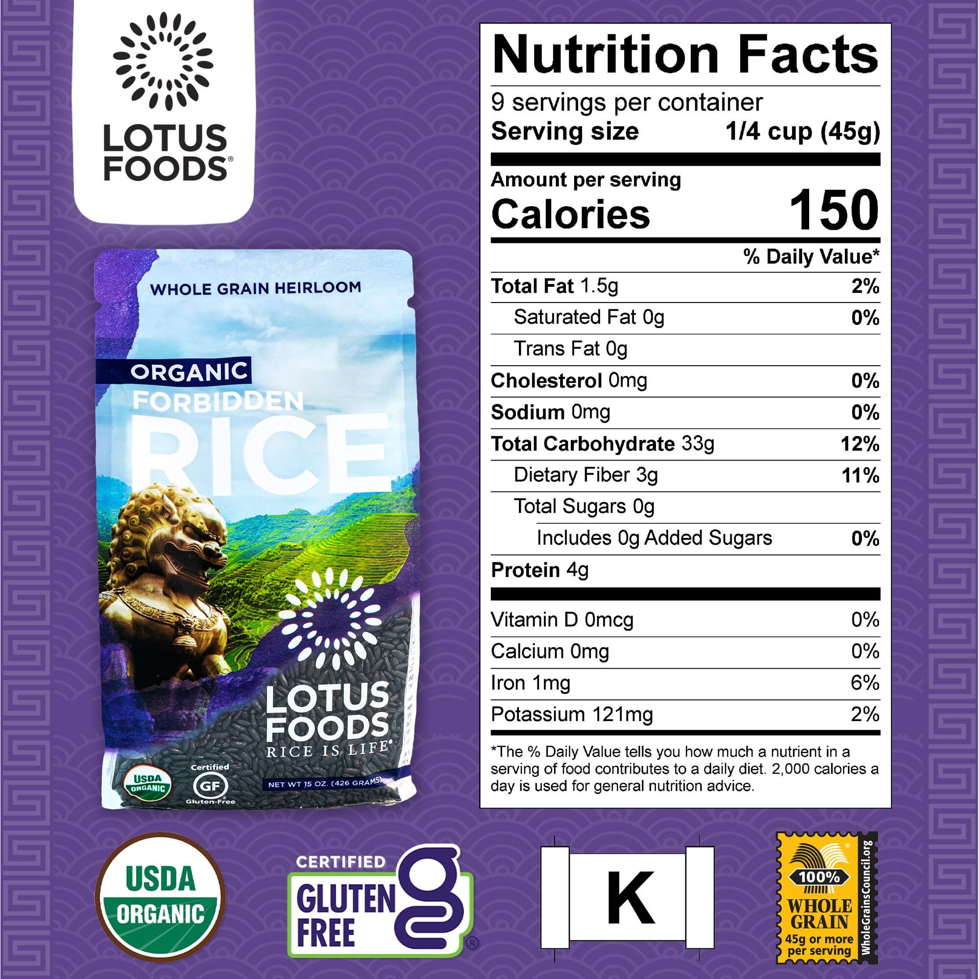 Lotus Foods Bulk Organic Forbidden Rice - Black Rice Organic, Purple Rice, Black Rice Bulk, Gluten Free Heirloom Rice, Whole Grain, Non Gmo, Vegan - 15 Oz Bags (Pack Of 6)
