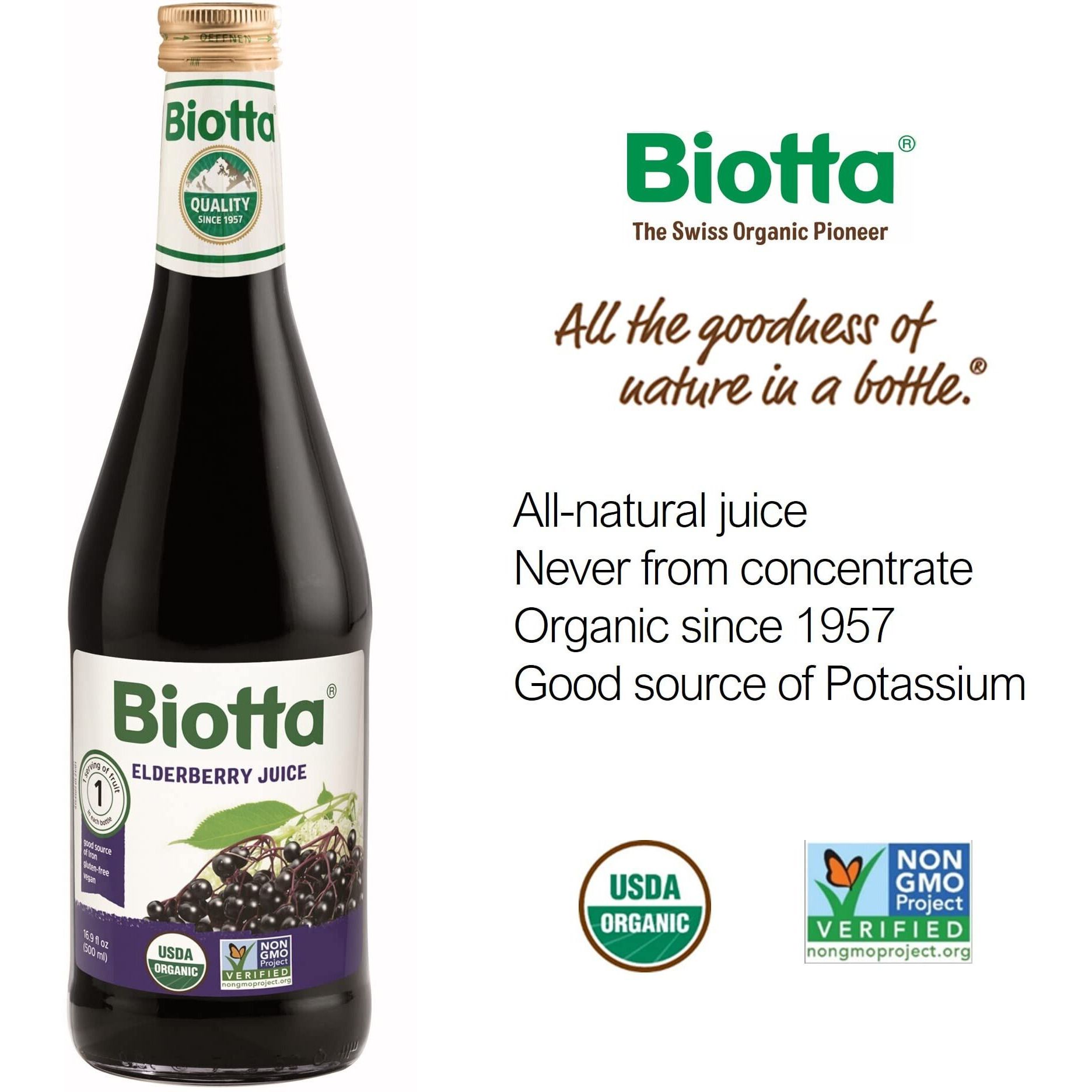 Biotta Organic Elderberry Juice - Naturally Sweetened Fruit Juice For Optimal Immune Support Function - With Immunity Boosting Elderberries - Good Source Of Potassium (16.9 Fl Oz, Pk Of 6)