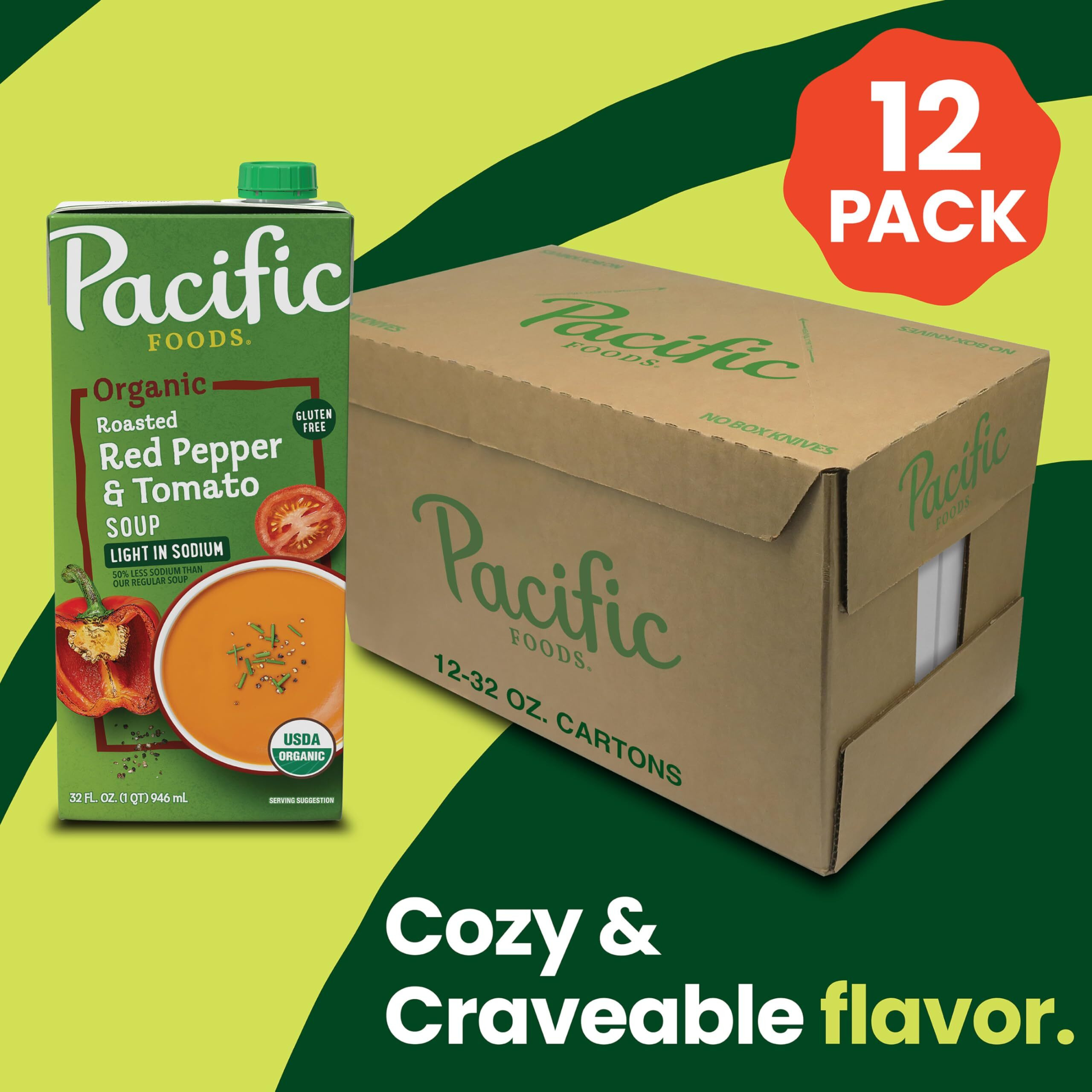 Pacific Foods Organic Light In Sodium Roasted Red Pepper And Tomato Soup, 32 Oz Carton (Pack Of 12)