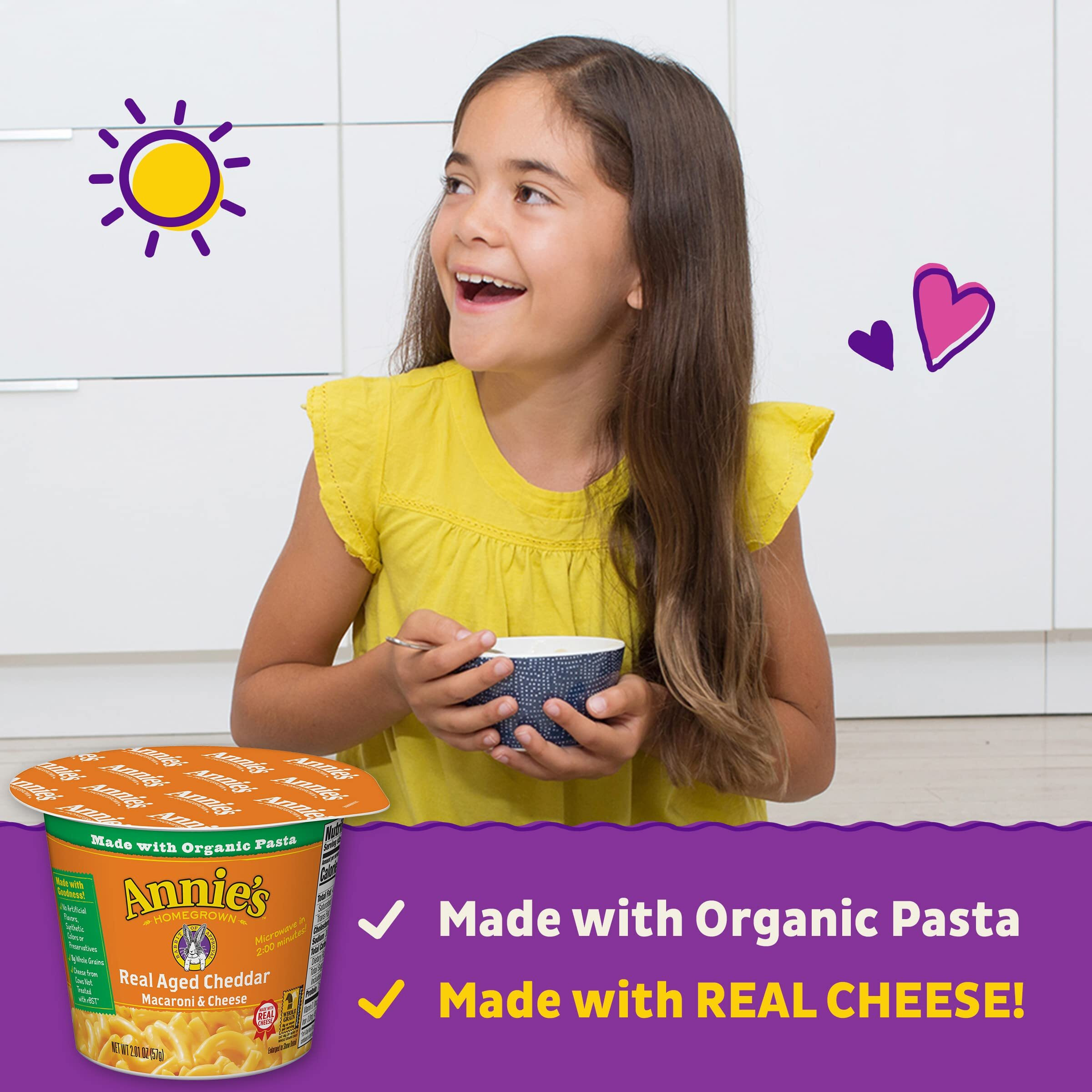 Annie's Real Aged Cheddar Microwavable Mac And Cheese With Organic Pasta Cup, 2.01 Oz (Pack Of 12)