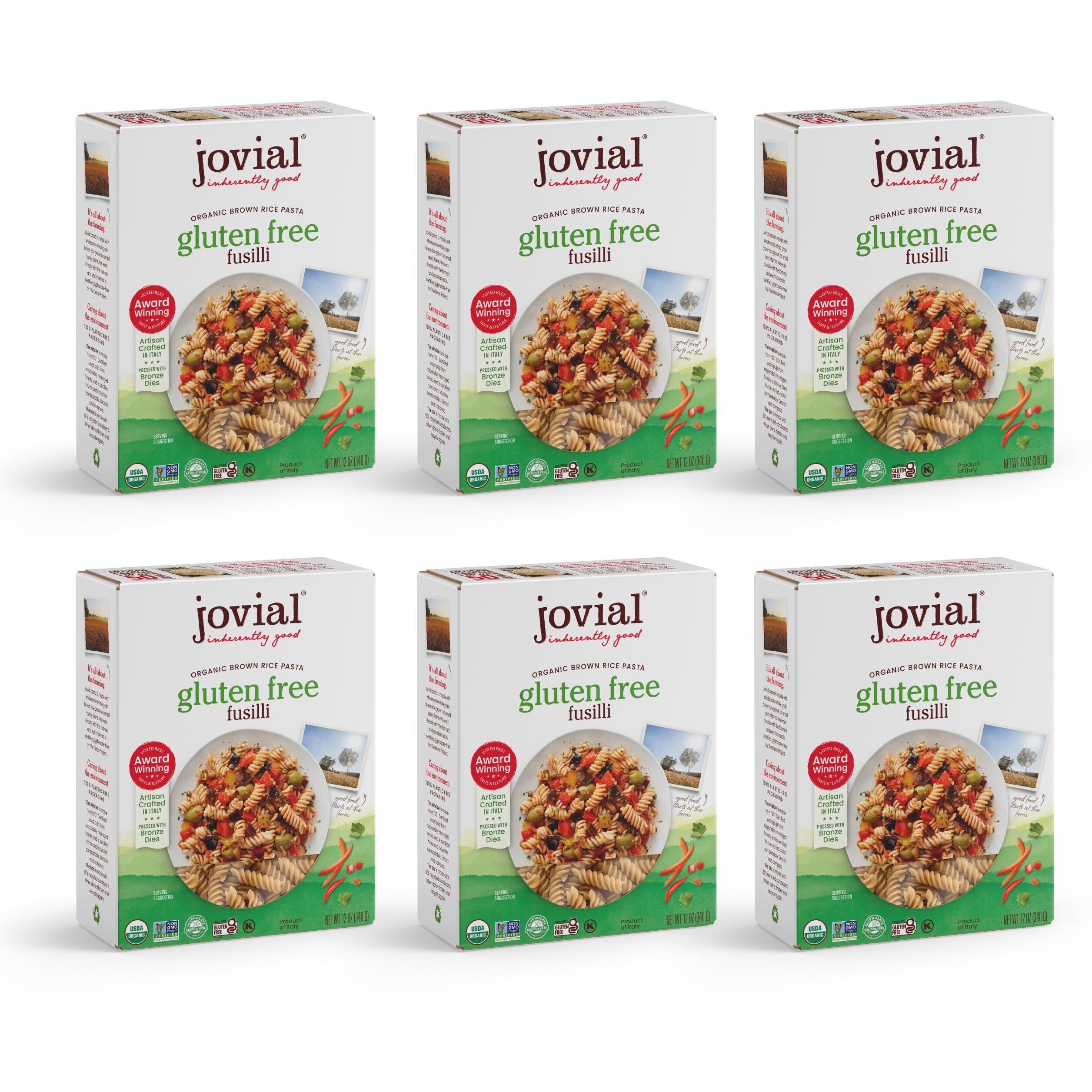 Jovial Whole Grain Brown Rice Fusilli Pasta - Pasta Fusilli, Fusilli Pasta, Whole Grain Pasta, Organic Pasta, Gluten Free, Dairy Free, Brown Rice Pasta, Made In Italy - 12 Oz, 6 Pack