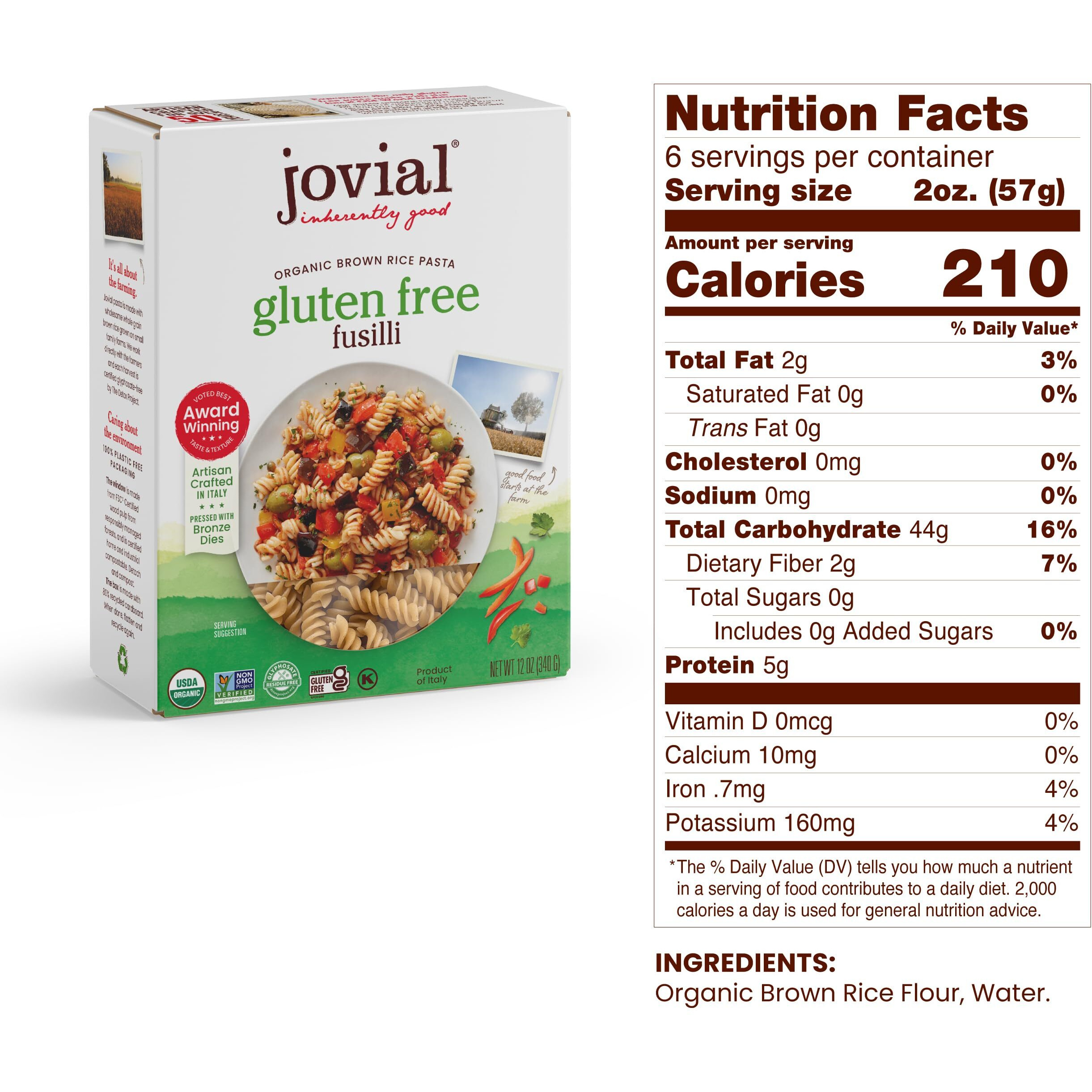Jovial Whole Grain Brown Rice Fusilli Pasta - Pasta Fusilli, Fusilli Pasta, Whole Grain Pasta, Organic Pasta, Gluten Free, Dairy Free, Brown Rice Pasta, Made In Italy - 12 Oz, 6 Pack