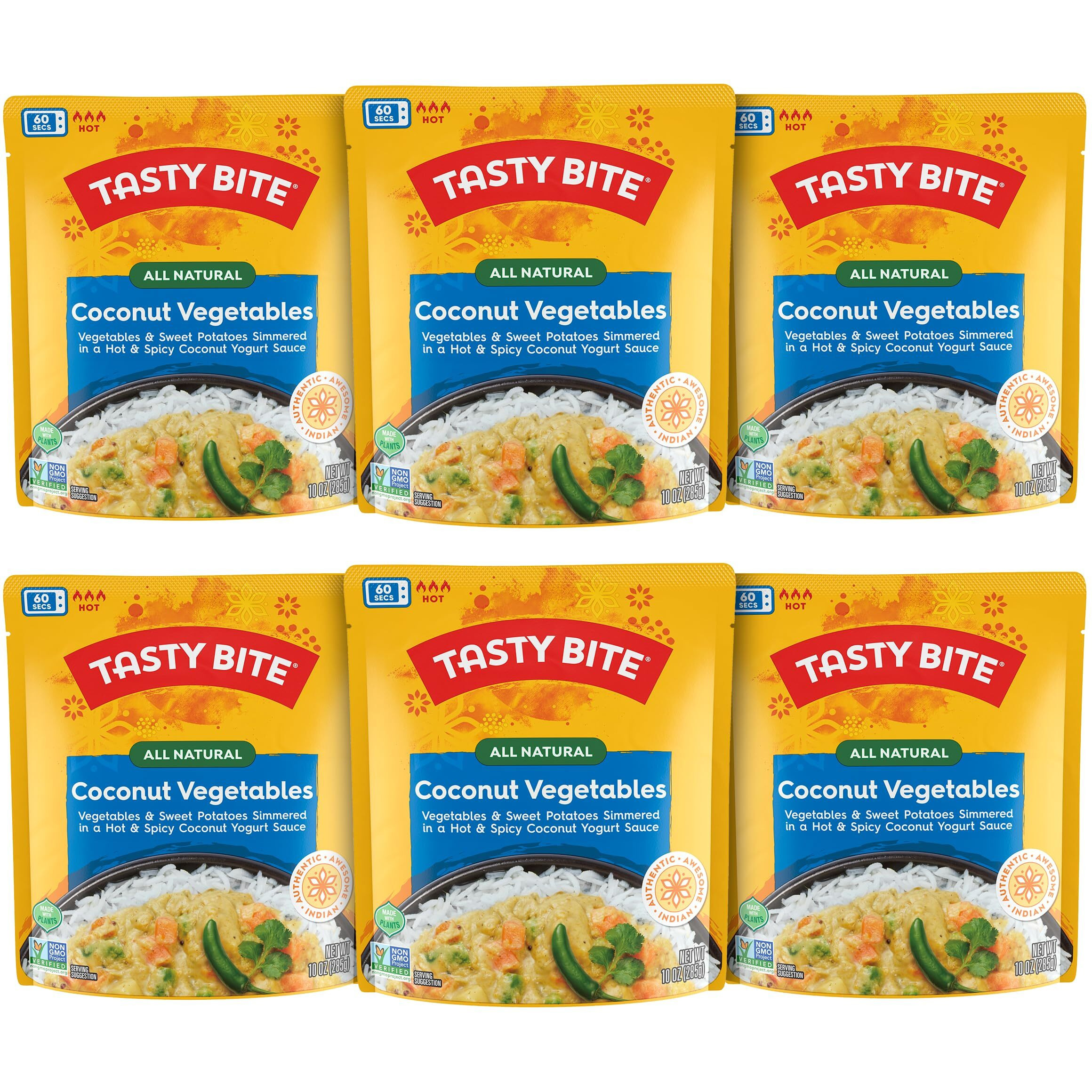 Tasty Bite Hot & Spicy Coconut Vegetables, 10 Ounce, Pack Of 6, Ready To Eat, Microwavable Entree, Vegetarian, Packaging May Vary