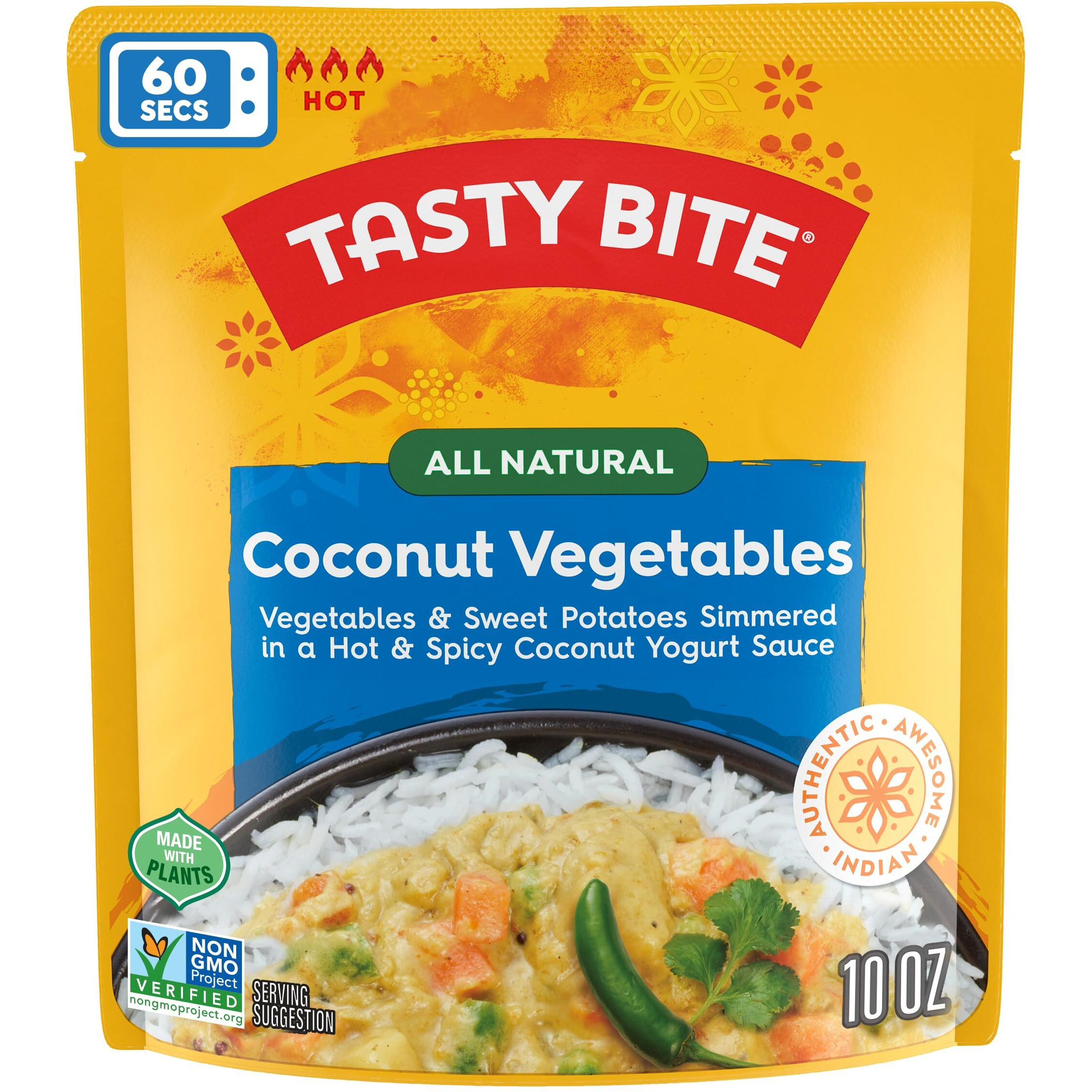 Tasty Bite Hot & Spicy Coconut Vegetables, 10 Ounce, Pack Of 6, Ready To Eat, Microwavable Entree, Vegetarian, Packaging May Vary